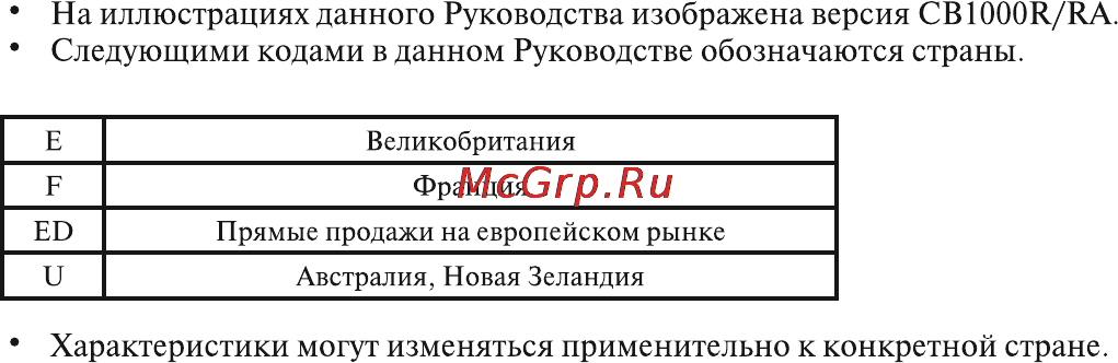 Honda CBR1000RR (2012) [5/161] На иллюстрациях данного руководства изображена версия свюоок иа следующими кодами в данном руководстве обозначаются страны
