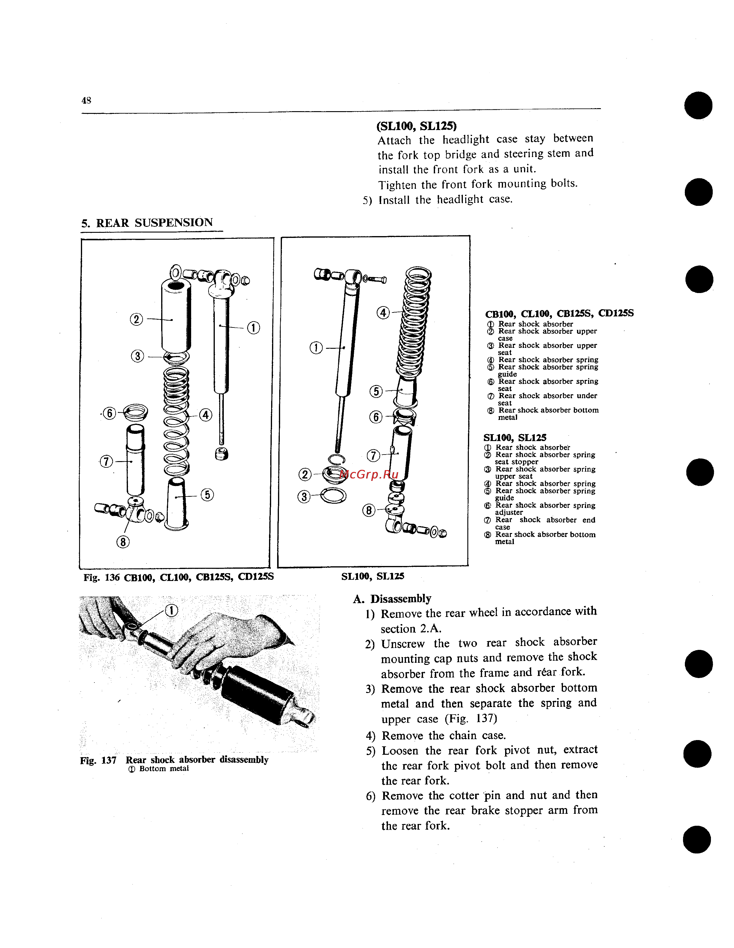 Honda CB100 CL100 SL100 CB125S CD125S SL125 (1970) [52/101] Shoo sl125 attach the headlight case stay between the fork top bridge and steering stem and install the front fork as a unit tighten the front fork mounting bolts