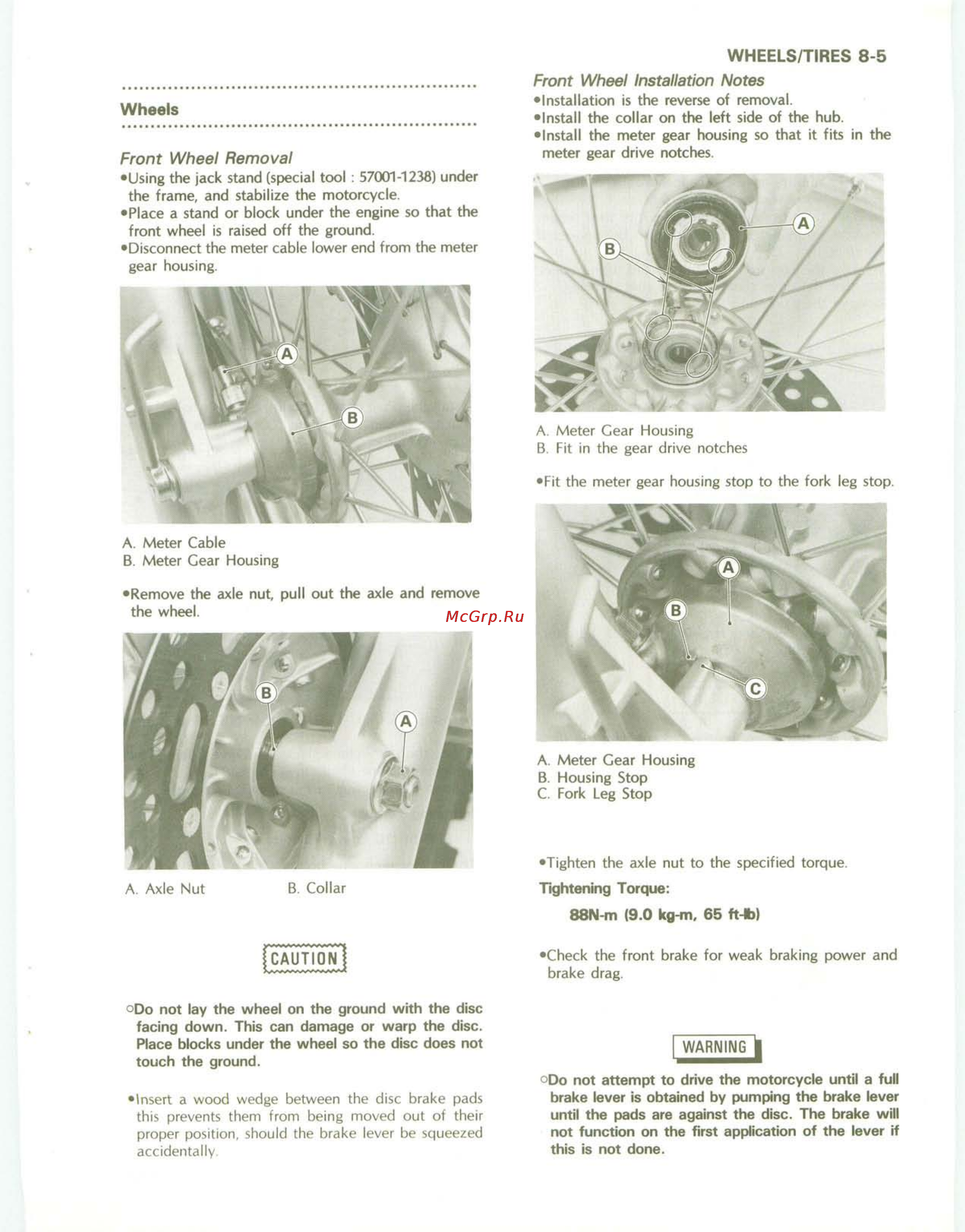 Kawasaki KDX200 (1989-1994) [95/174] D0 not lay the wheel on the ground with the disc