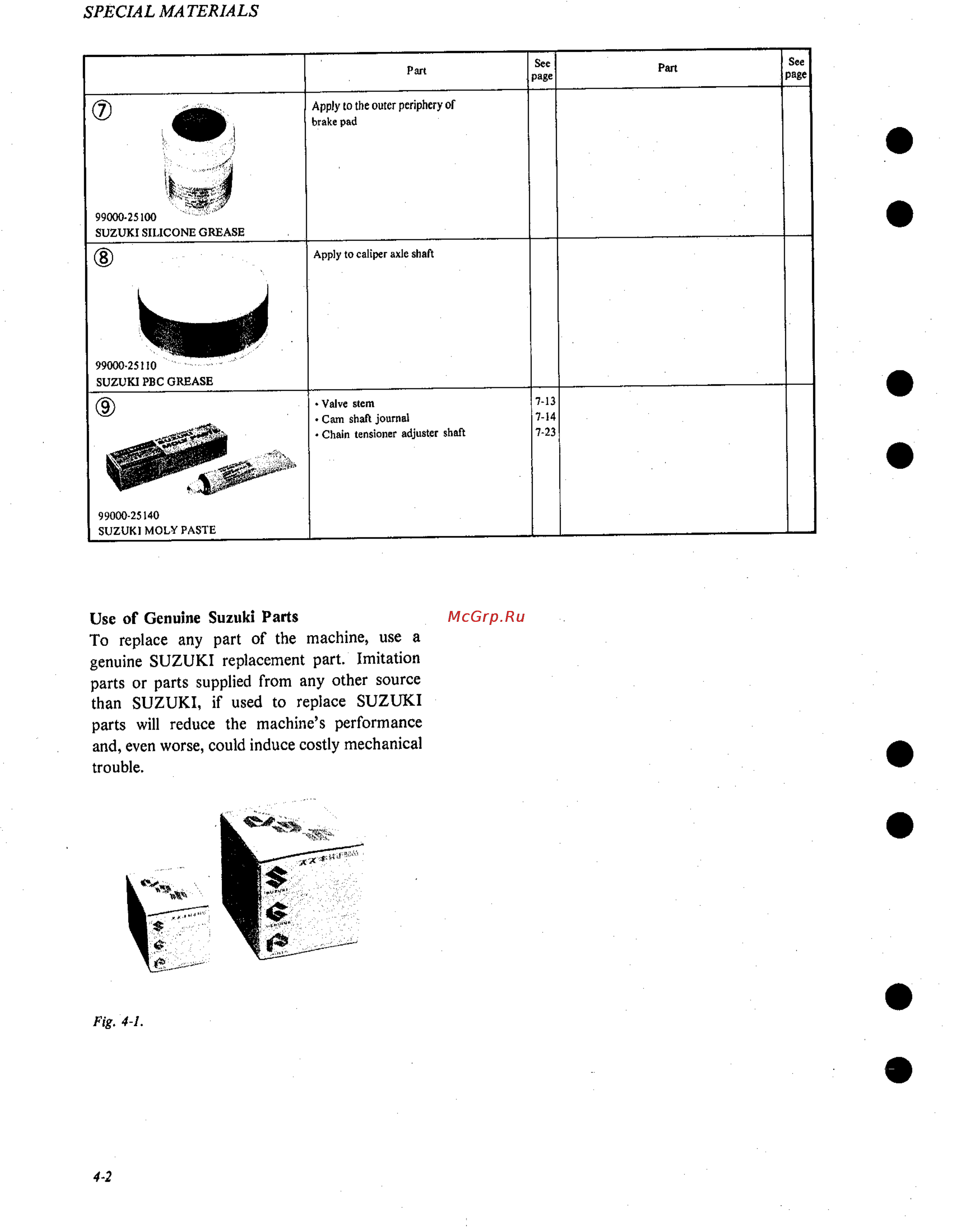 Suzuki GS1000 (1980) [45/477] Use of genuine suzuki parts to replace any part of the machine use a genuine suzuki replacement part imitation parts or parts supplied from any other source than suzuki if used to replace suzuki parts will reduce the machine s performance and even worse could induce costly mechanical trouble