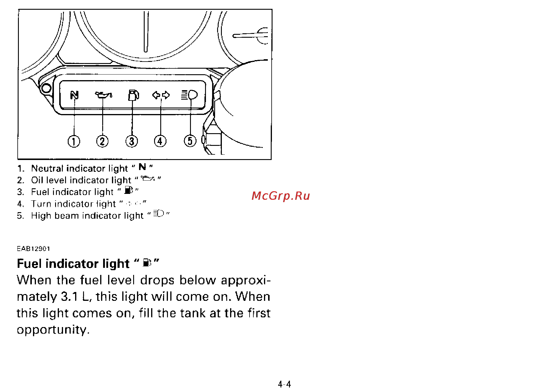 Yamaha YZF600 THUNDERACE (1996) [17/98] Fuel indicator light when the fuel level drops below approxi mately 3 l this light will come on when this light comes on fill the tank at the first opportunity