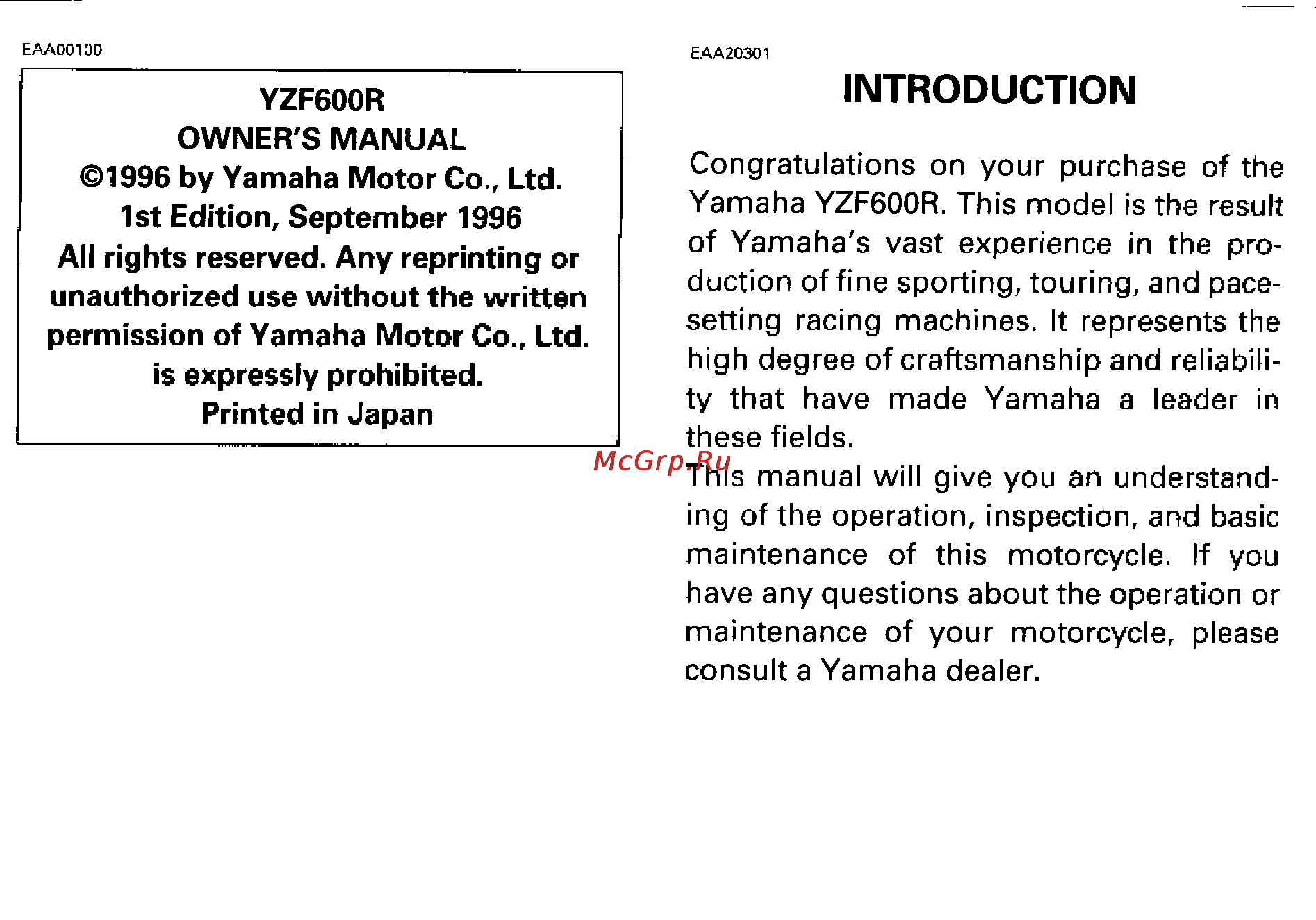 Yamaha YZF600 THUNDERACE (1996) [3/98] Introduction