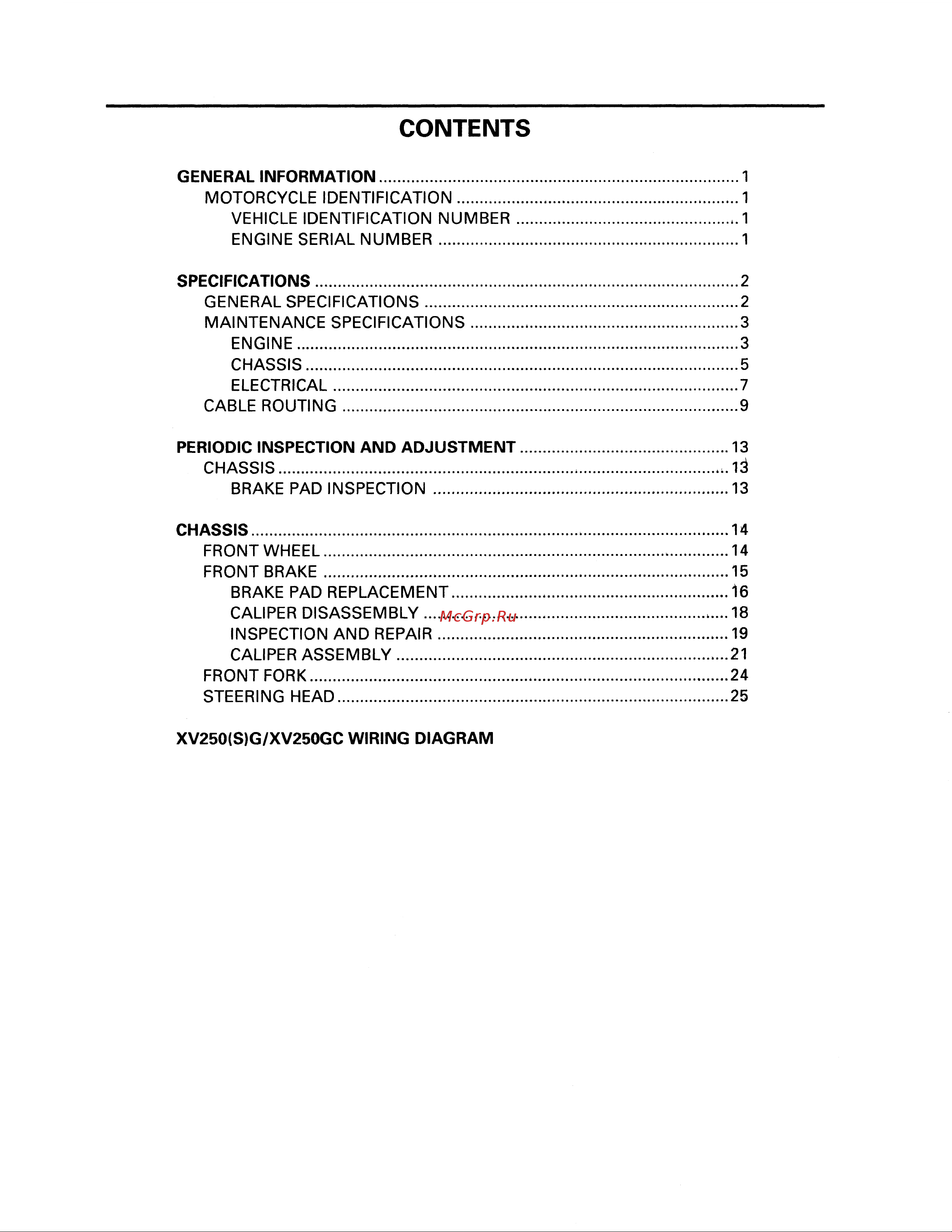 Yamaha XV250 (1994) [7/291] Table of contents
