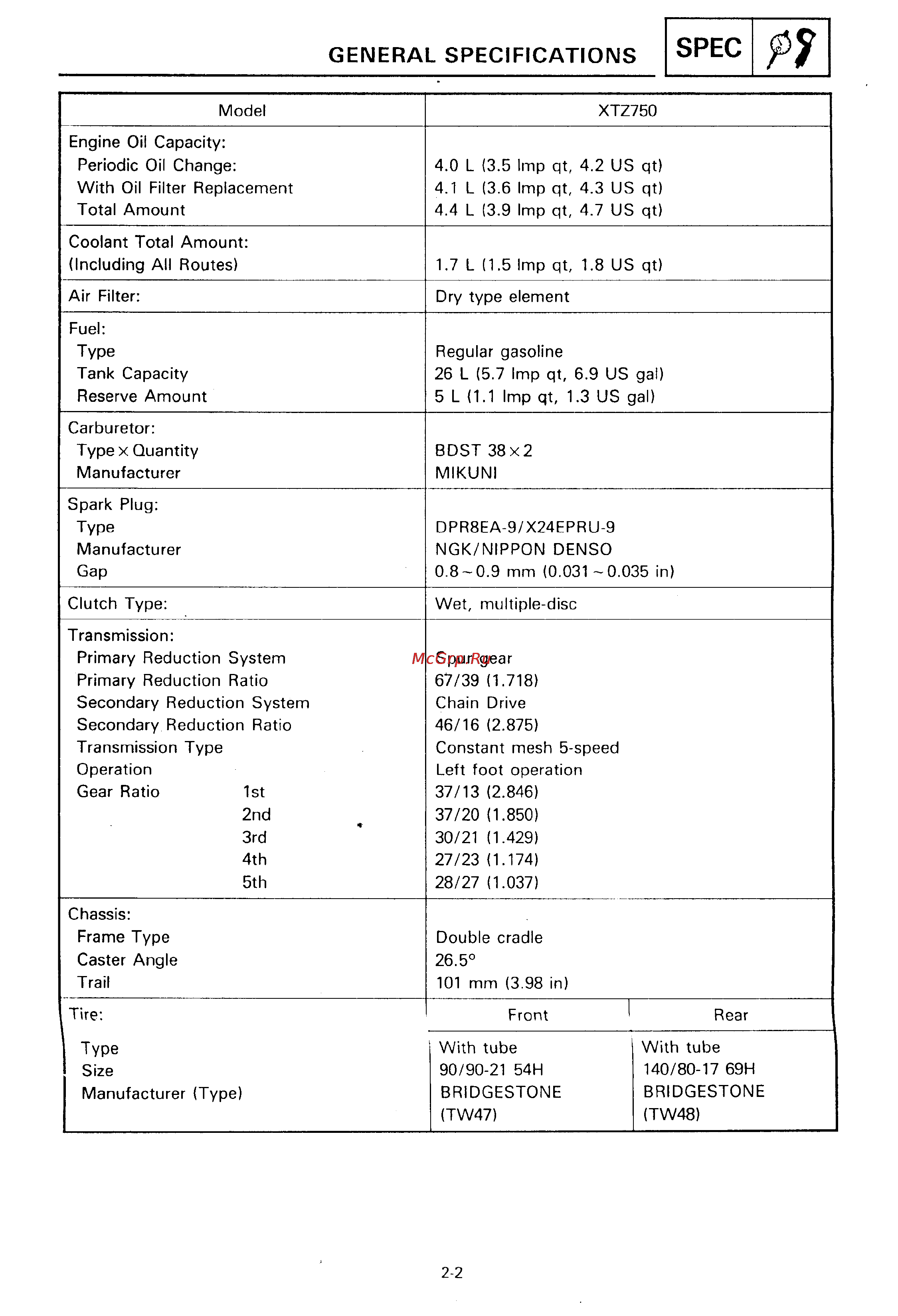 Yamaha SUPER TENERE XTZ750 [14/425] General specifications