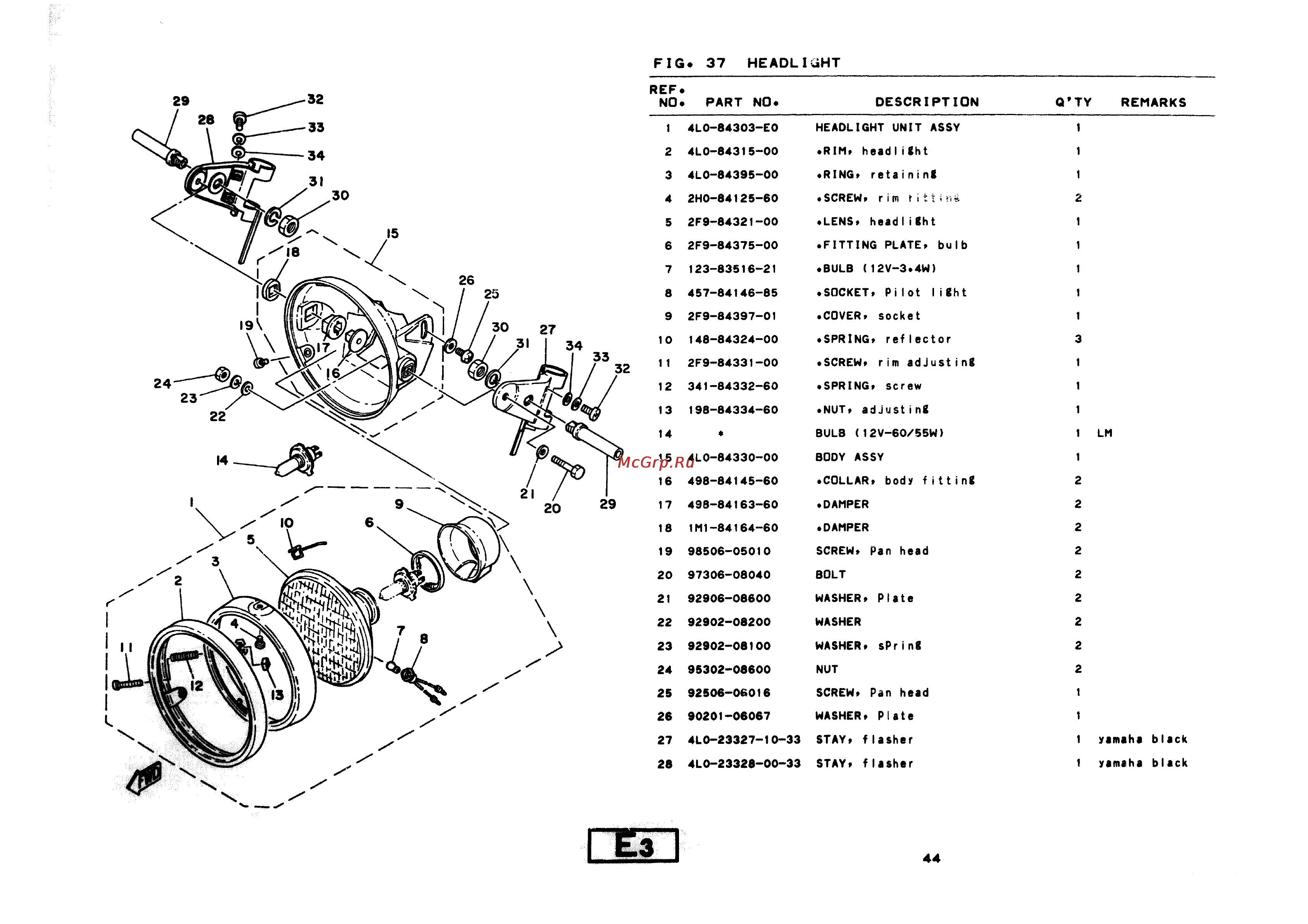 Yamaha RD350LC (1982) [56/74] Fig 37 headlight
