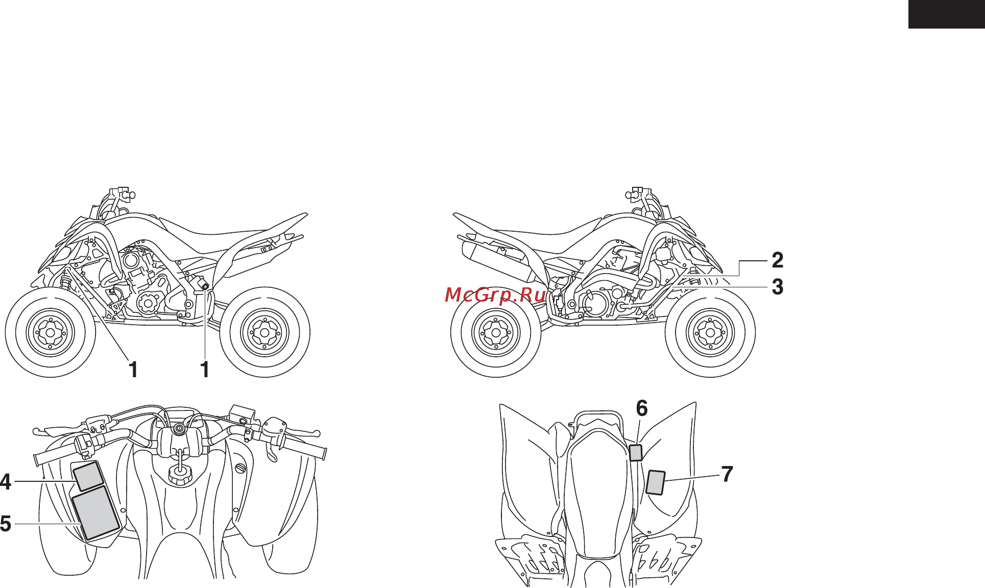Yamaha YFM700R (2012) [8/149] Расположение табличек с предупреждениями и техническими характеристиками