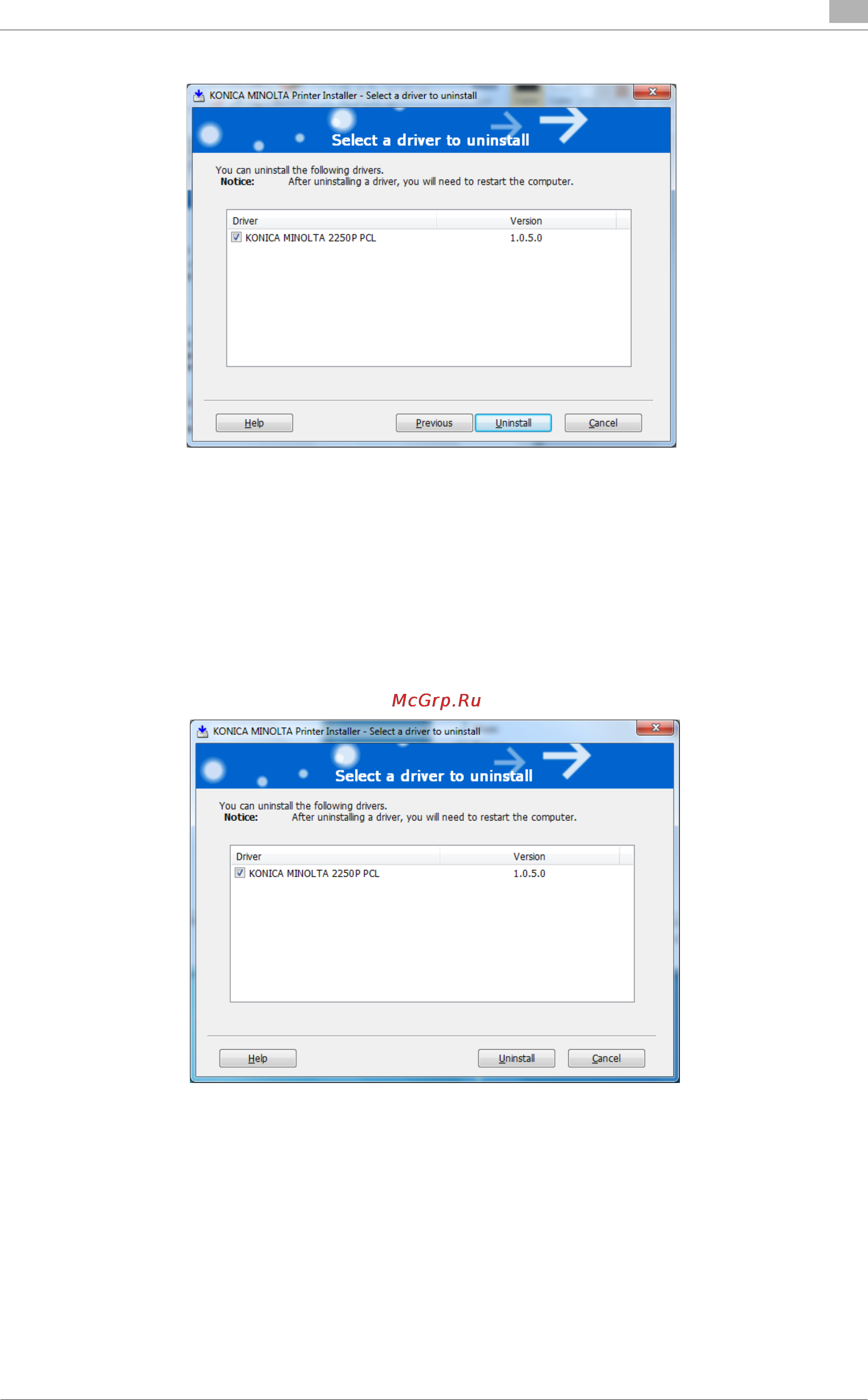 Konica Minolta bizhub PRESS 2250P [85/315] Uninstalling by the uninstallation program pcl driver