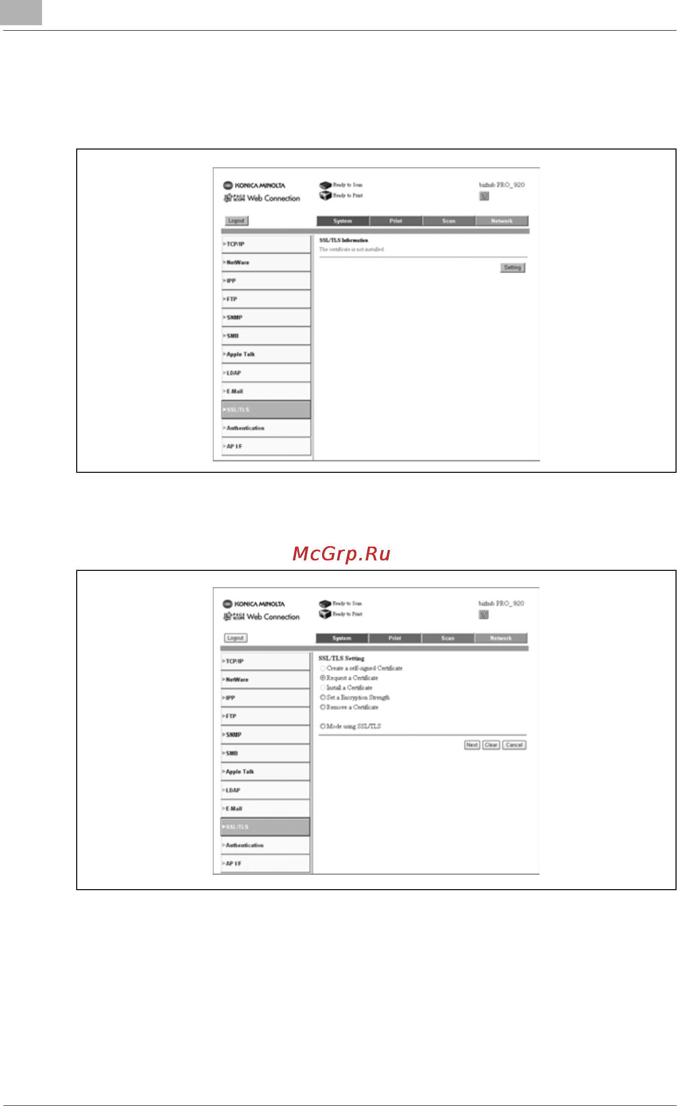 Konica Minolta bizhub PRO 920 [834/980] If a certificate is not installed requesting a certificate to instal