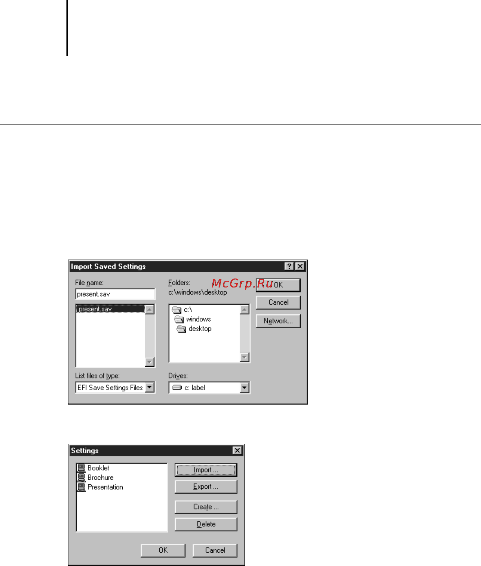 Konica Minolta CF9001 [26/126] When you import saved settings they appear in the saved settings menu under their settings name not the ﬁle name in the example above the ﬁle present sav ﬁle name was imported but it appears in the saved settings menu as presentation settings name