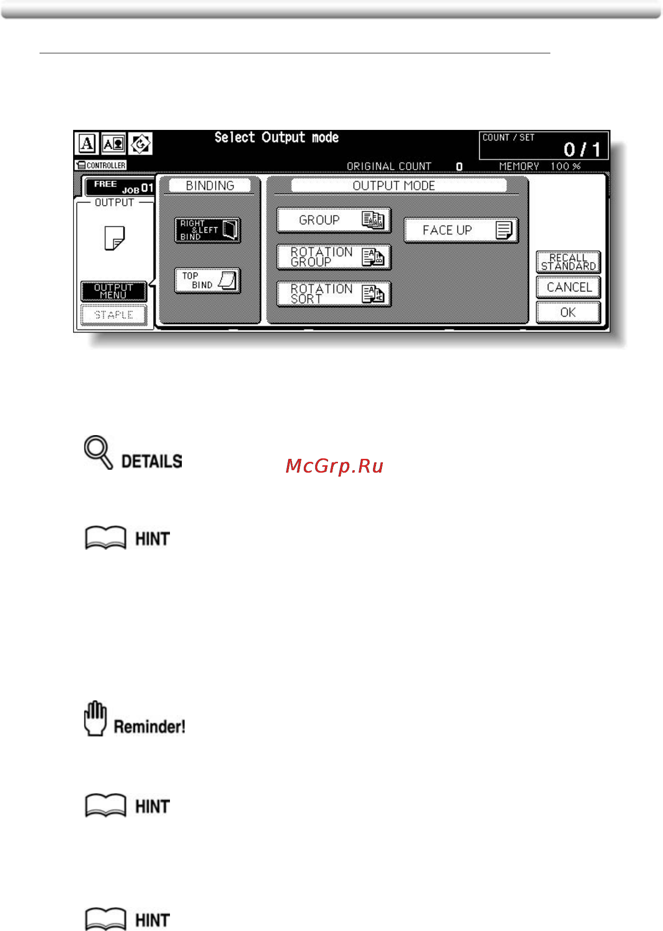 Konica Minolta bizhub PRO C500 [114/466] Output mode for machine without finisher