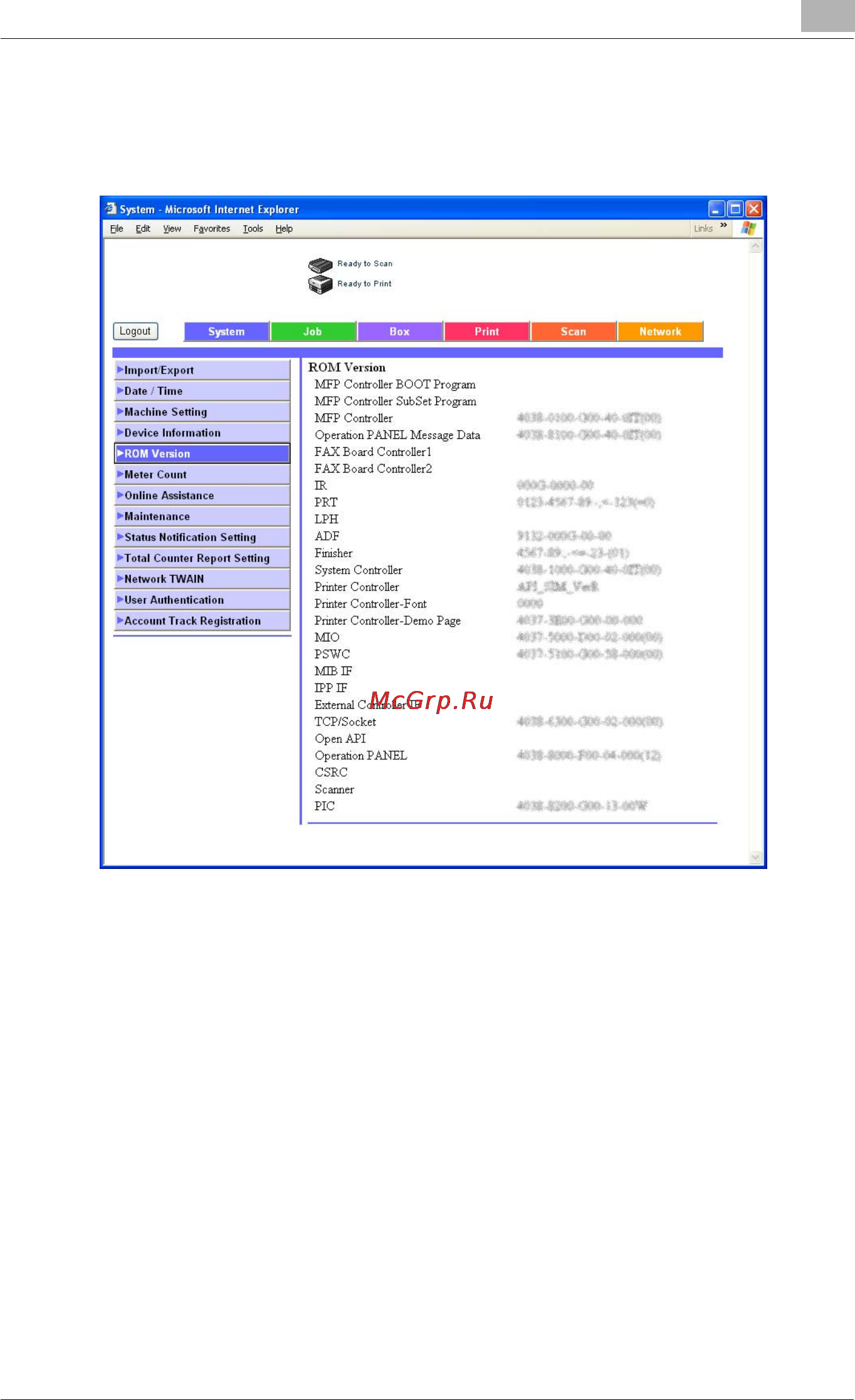Konica Minolta bizhub C450 [304/380] System tab rom version