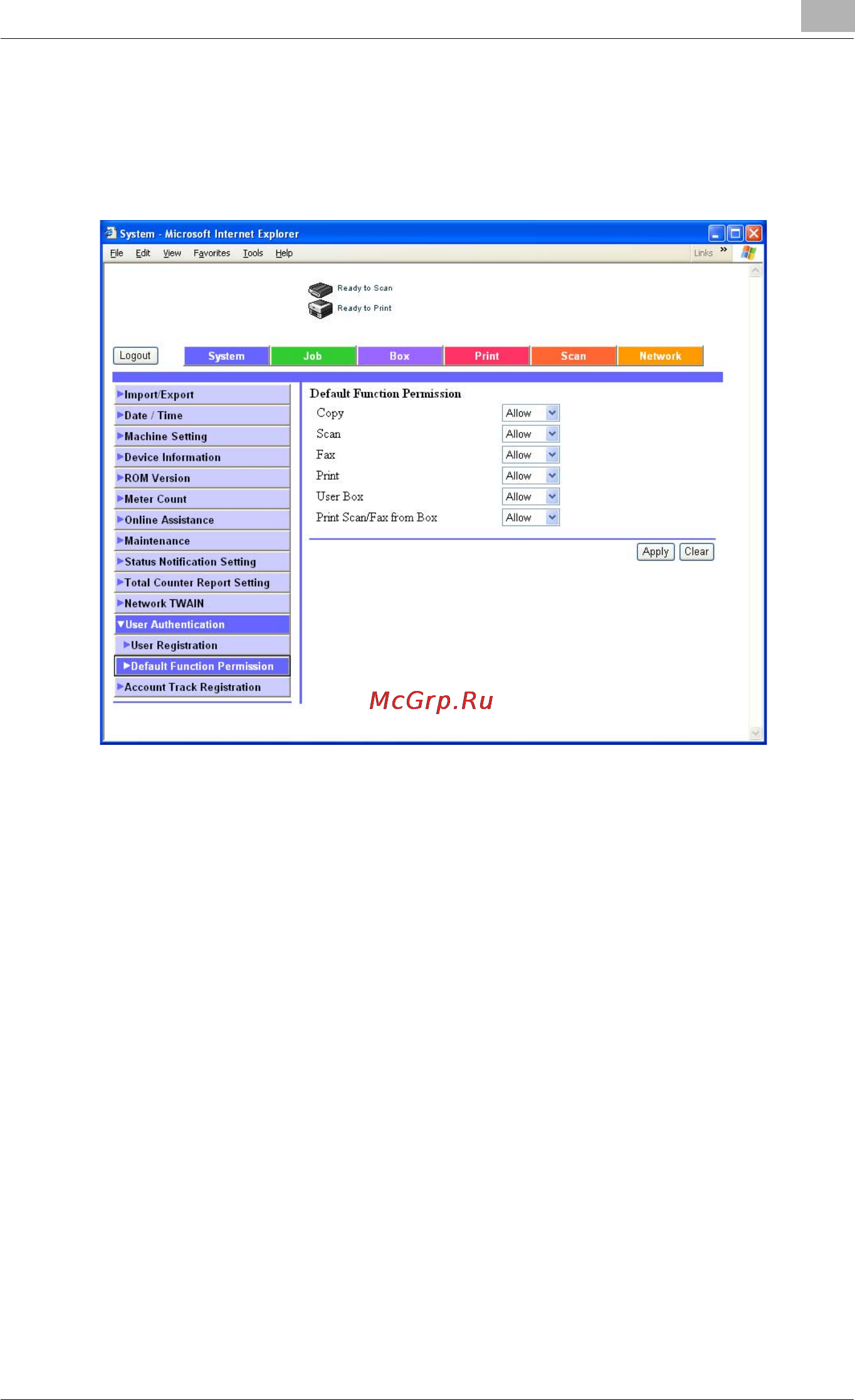 Konica Minolta bizhub C450 [315/380] System tab user authentication default function permission