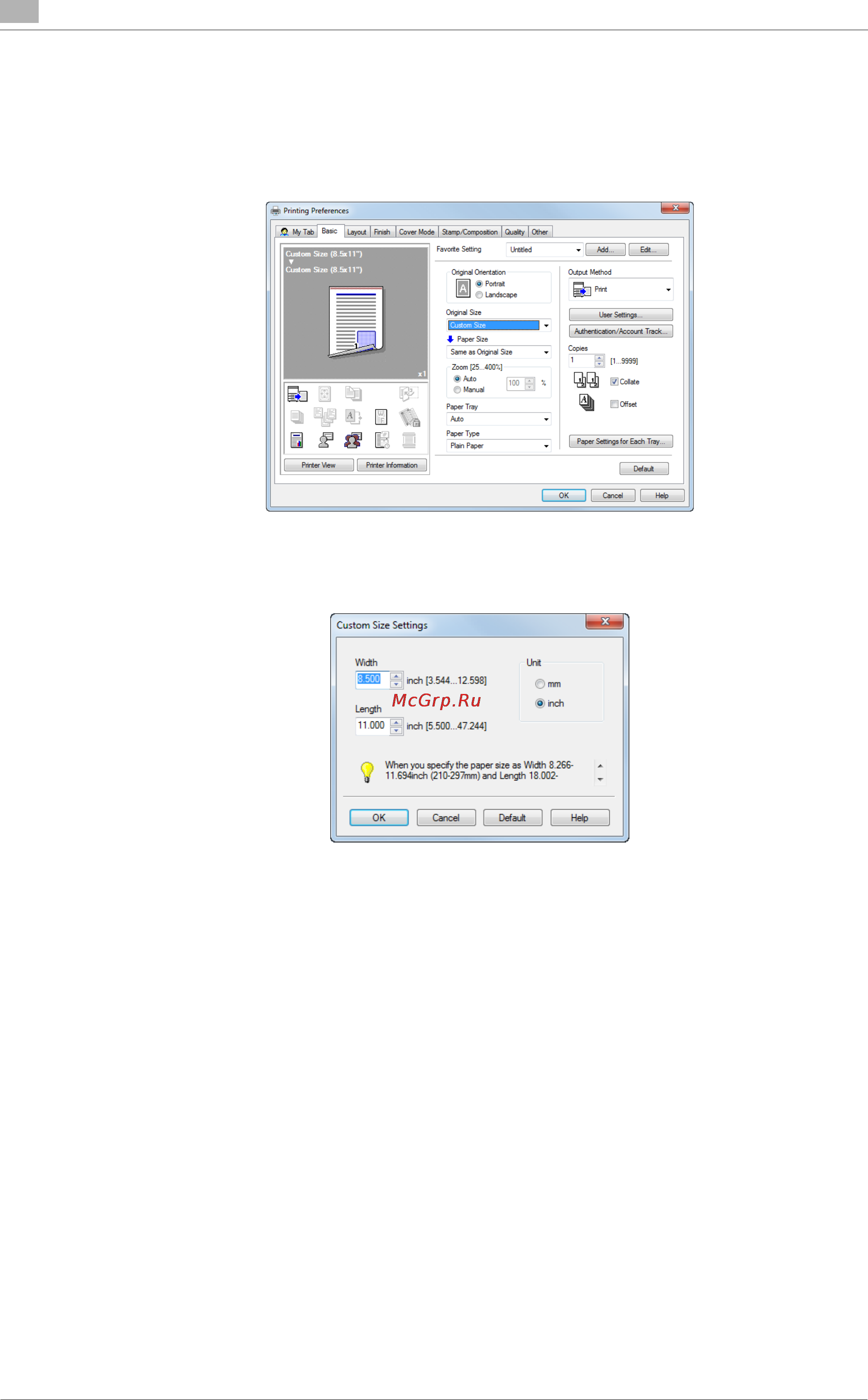 Konica Minolta bizhub C754 [38/284] Printing on custom size paper original size