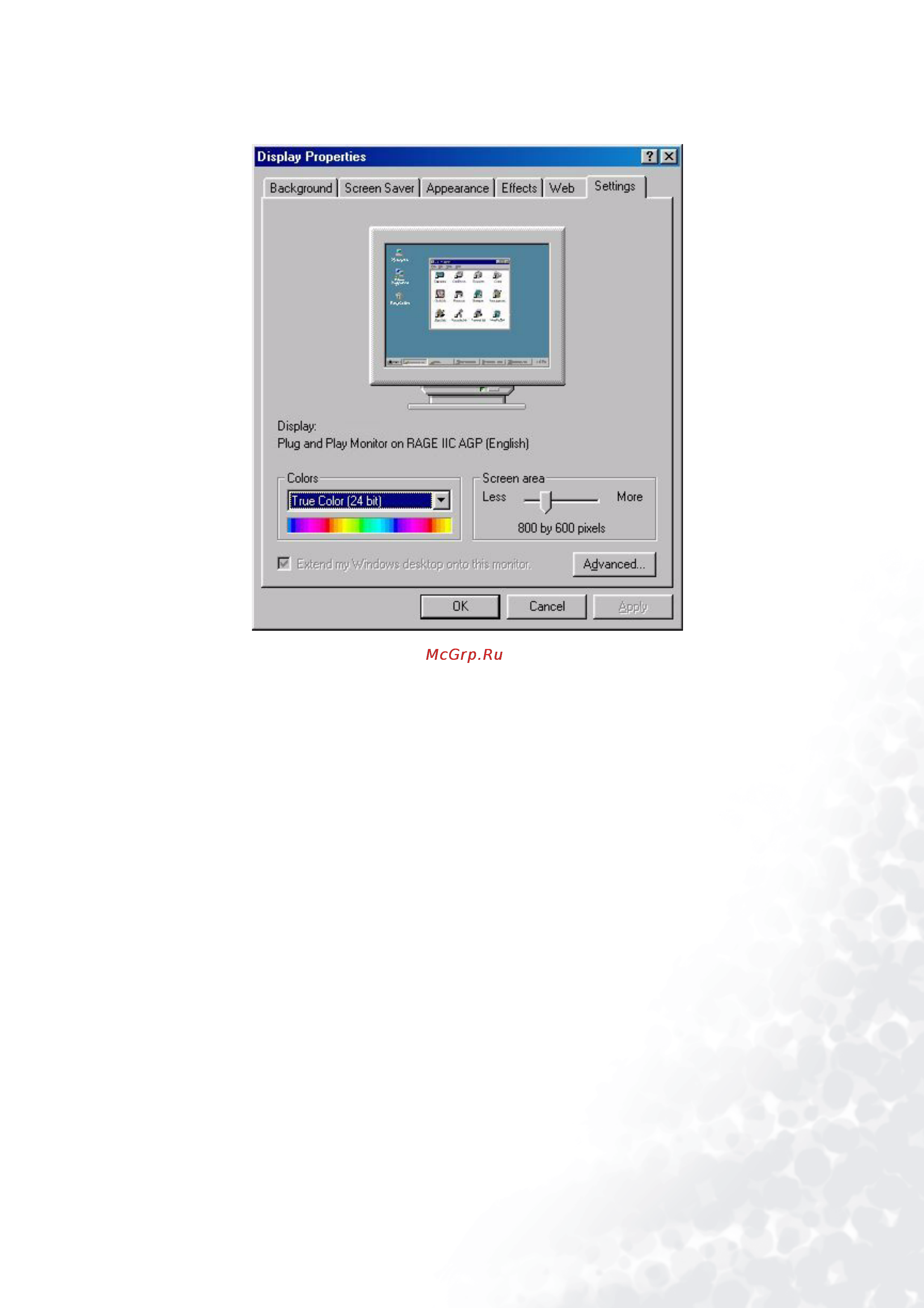 Benq FP71E+ [19/37] From the display properties window select the settings tab click the advanced button in the bottom right corner