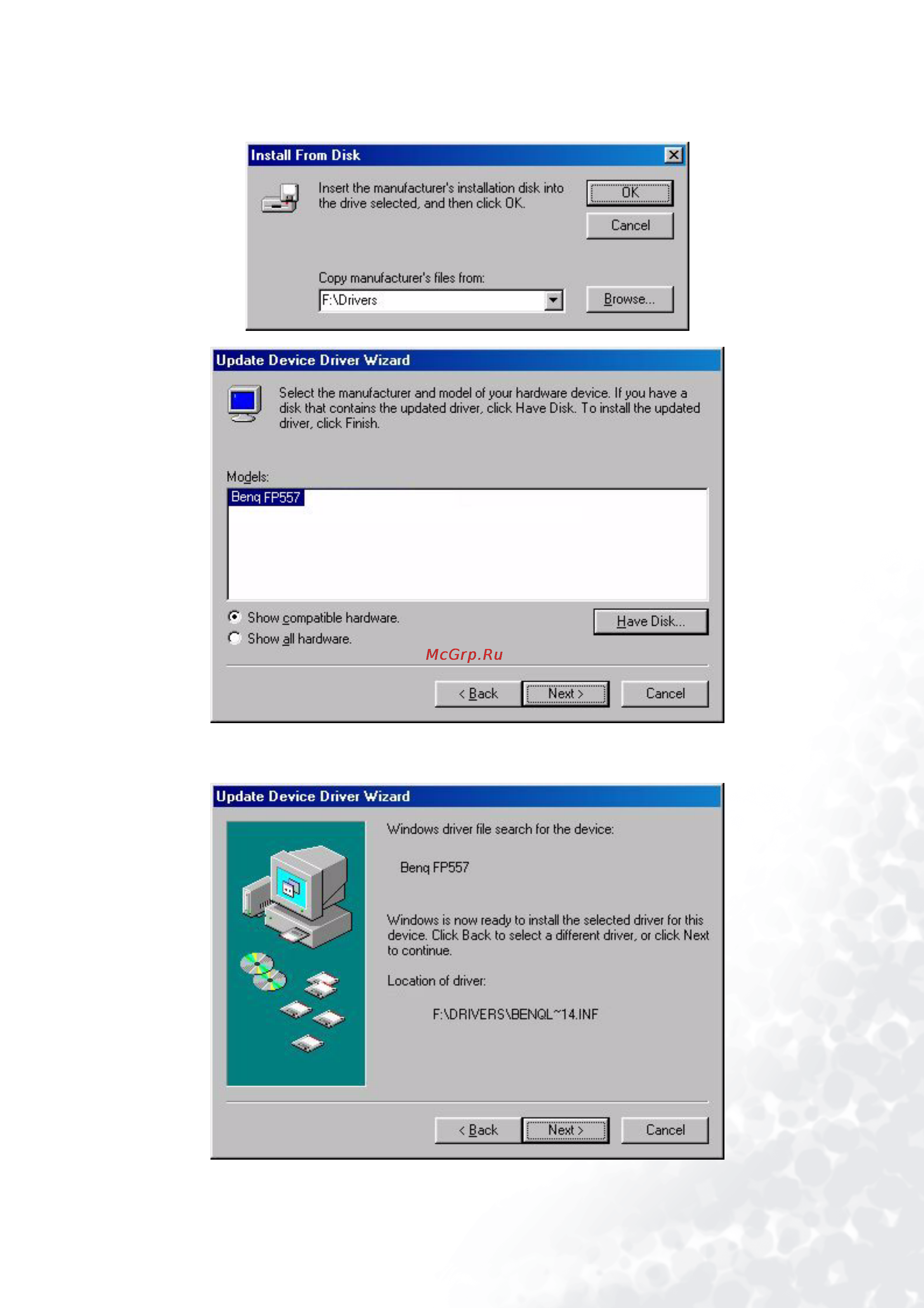 Benq FP951 [31/54] Click ok on the install from disk window the dialogue box update device driver wizard appears choose the model from the list then click next