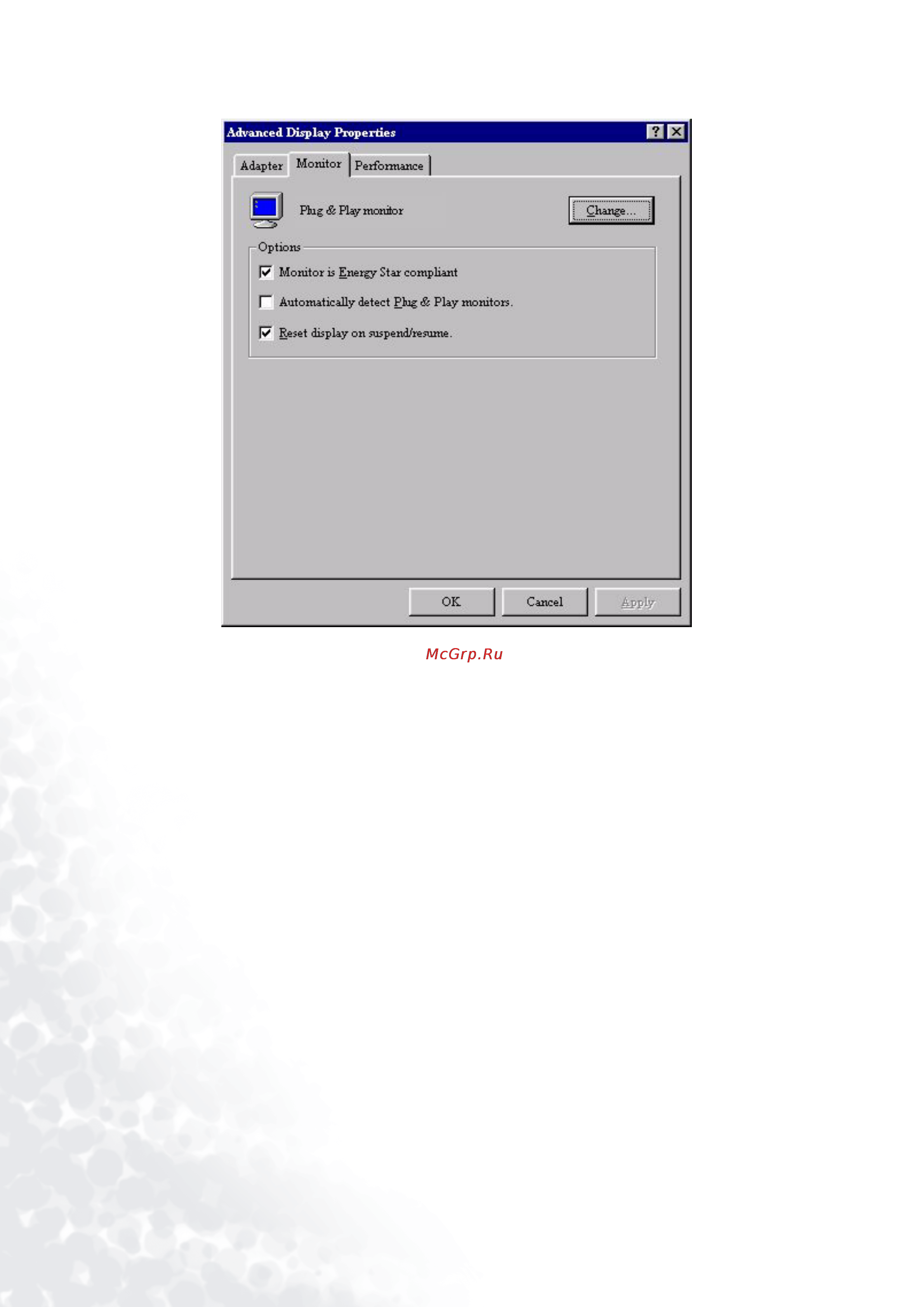 Benq FP992 [12/54] Select the monitor tab click the change button in the top right corner