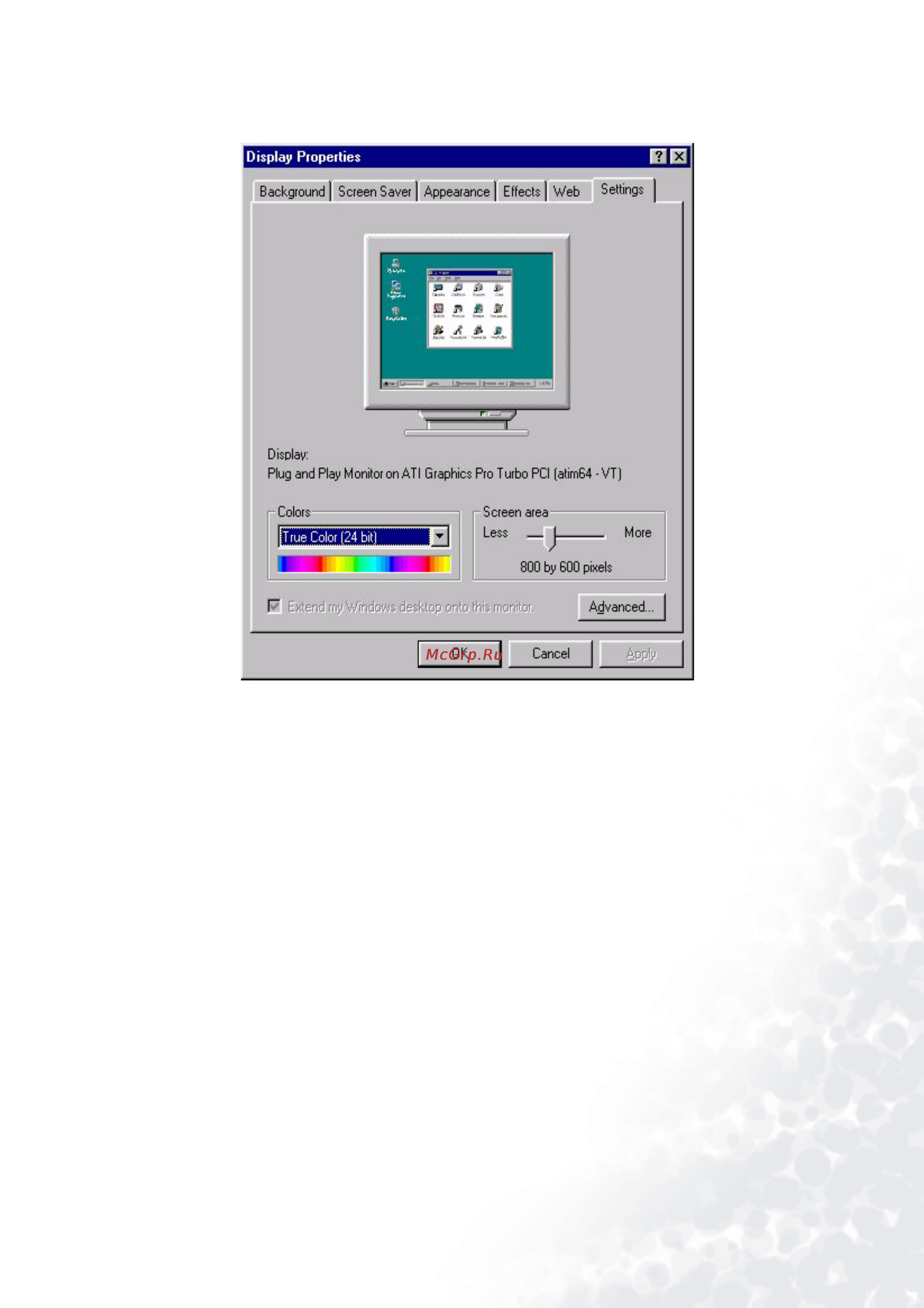 Benq FP992 [21/54] From the display properties window select the settings tab click the advanced properties button in the bottom right corner