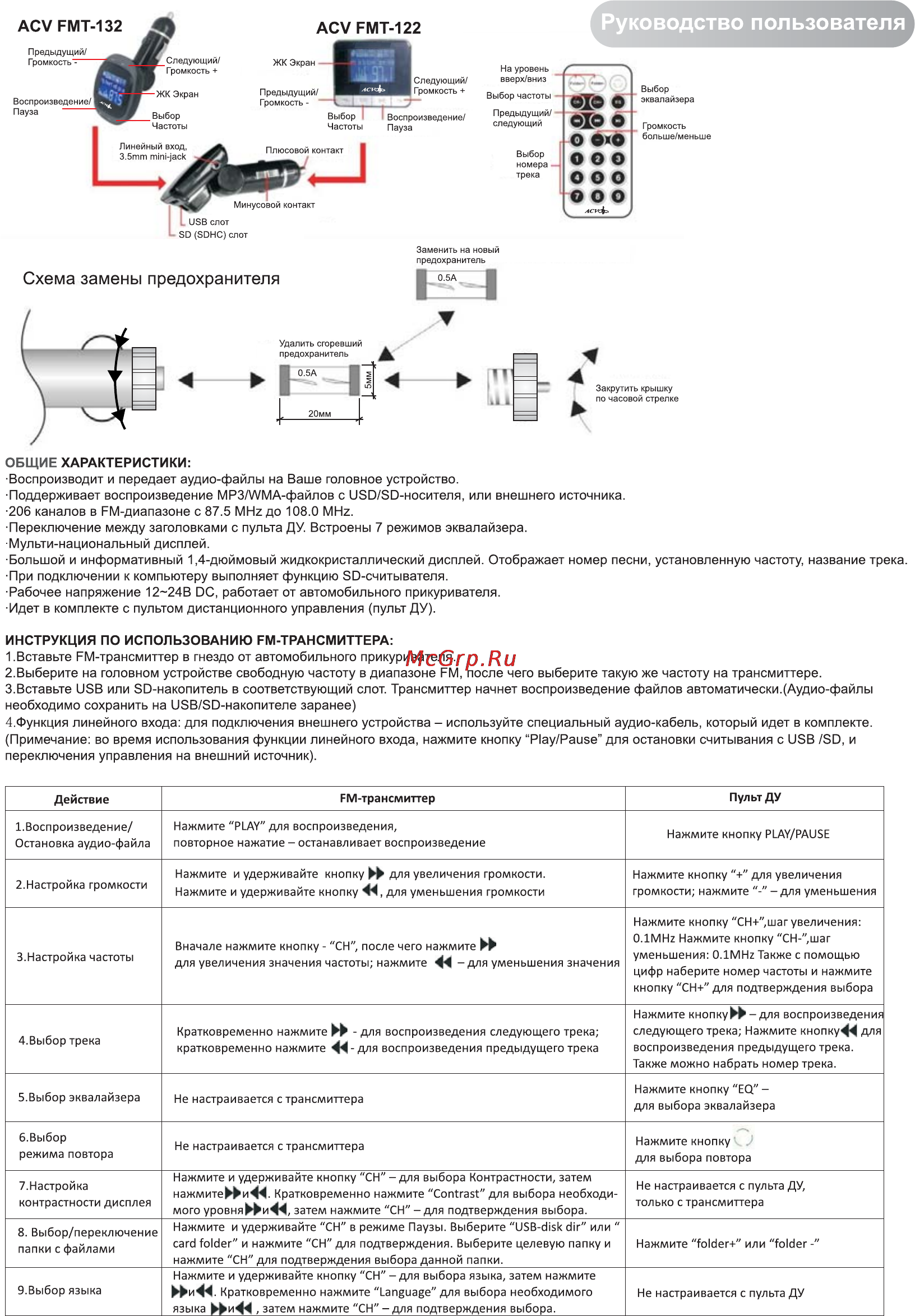 ACV FMT-122 Инструкция по эксплуатации онлайн