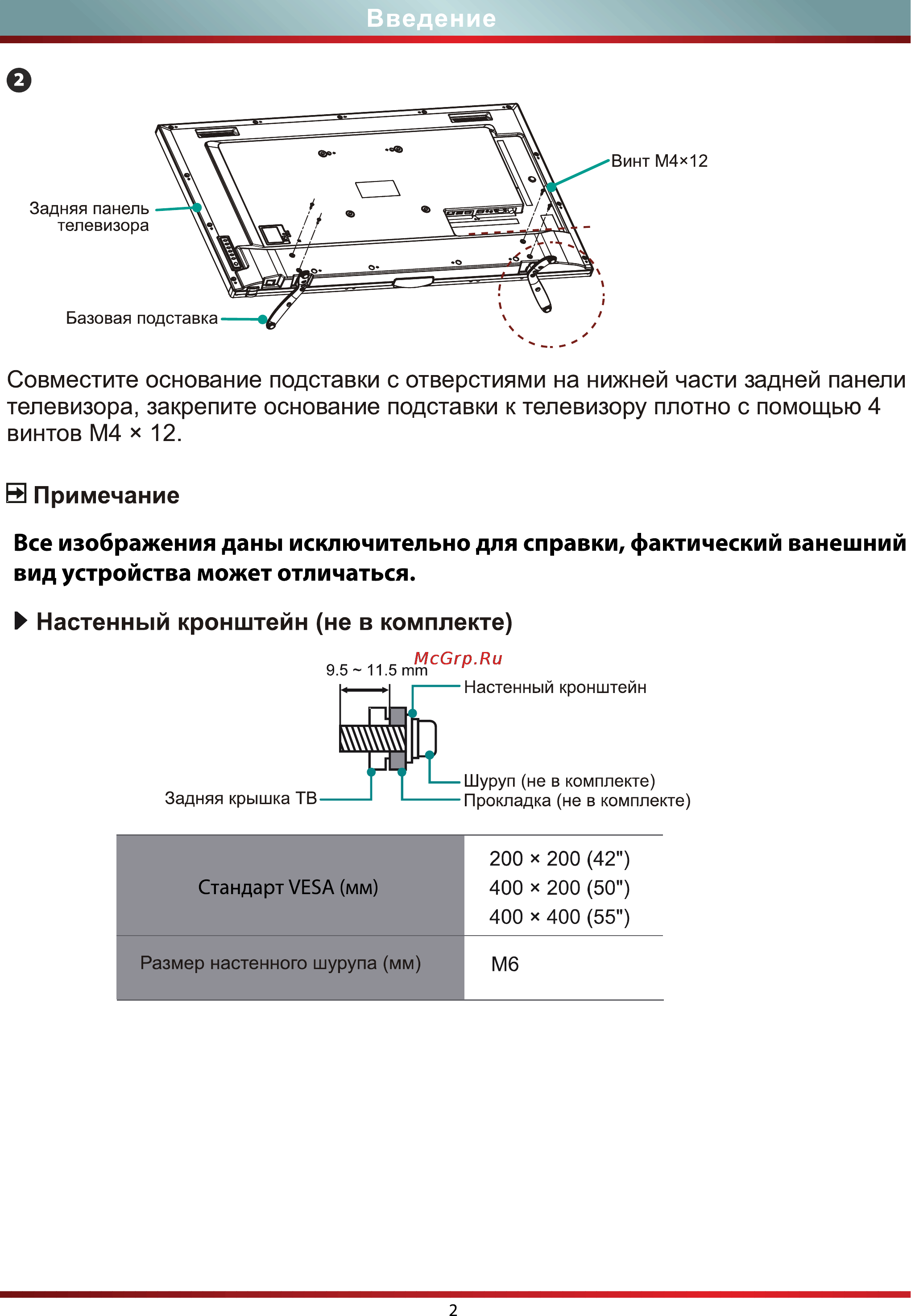 DEXP F42B8000H [5/35] Совместите основание подставки с отверстиями на нижней части задней панели телевизора закрепите основание подставки к телевизору плотно с помощью 4 винтов м4 х 12