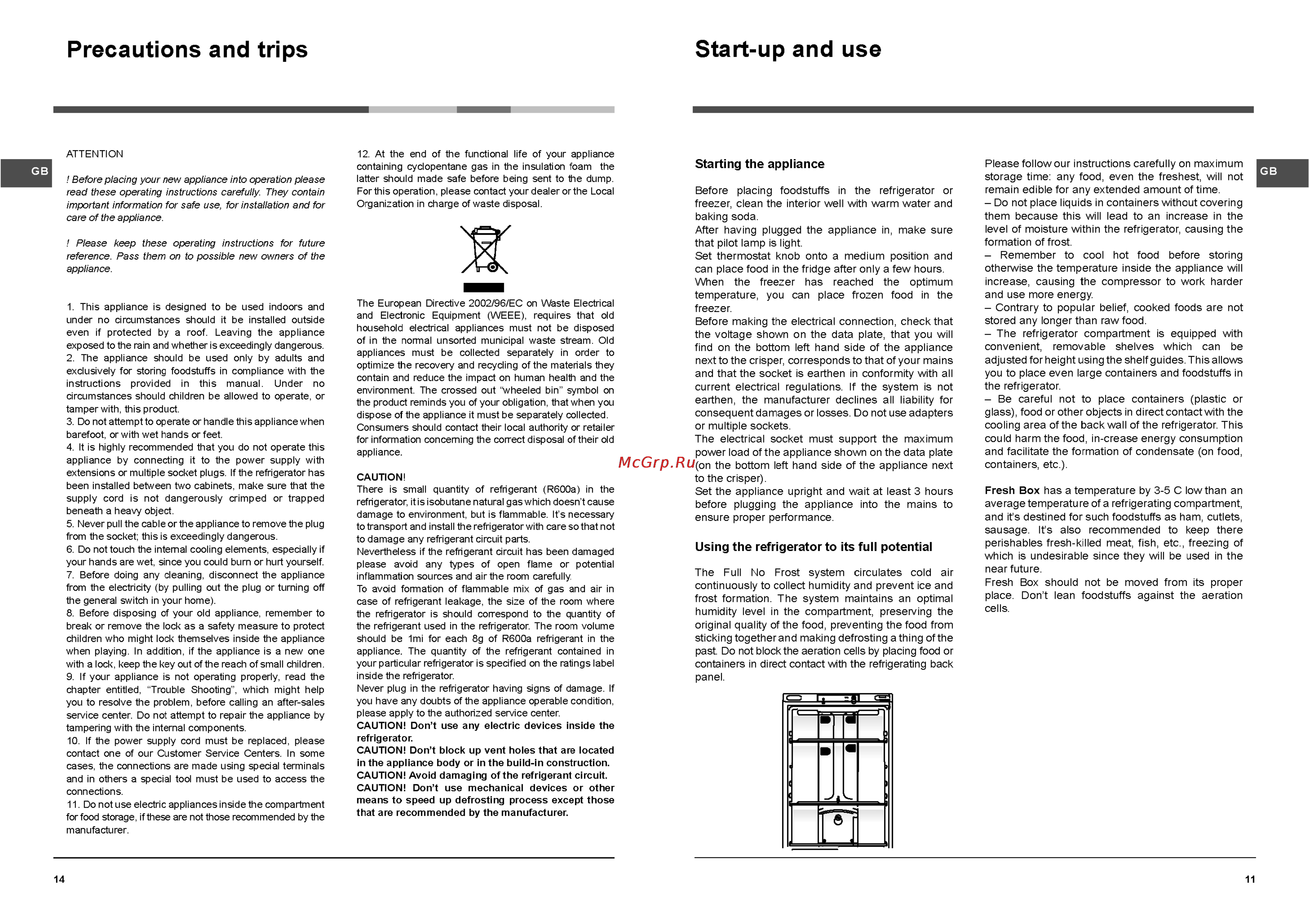 Hotpoint-Ariston HBT 1181.3 S NF H [11/12] Precautions and trips start up and use