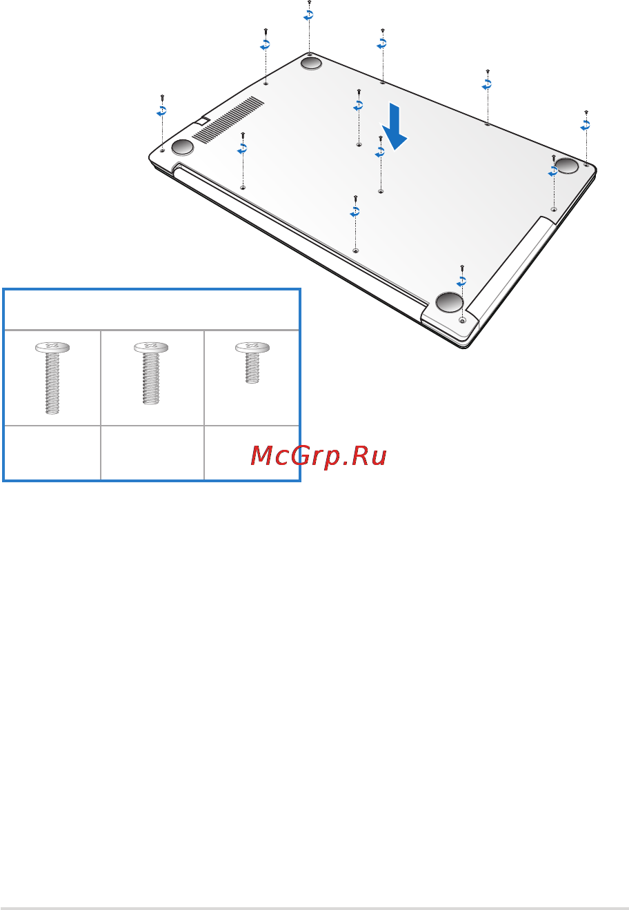 Asus K551LN-XX522H [93/126] Установите заднюю крышку на место и закрепите ее винтами снятыми ранее правильное расположение винтов смотрите ниже