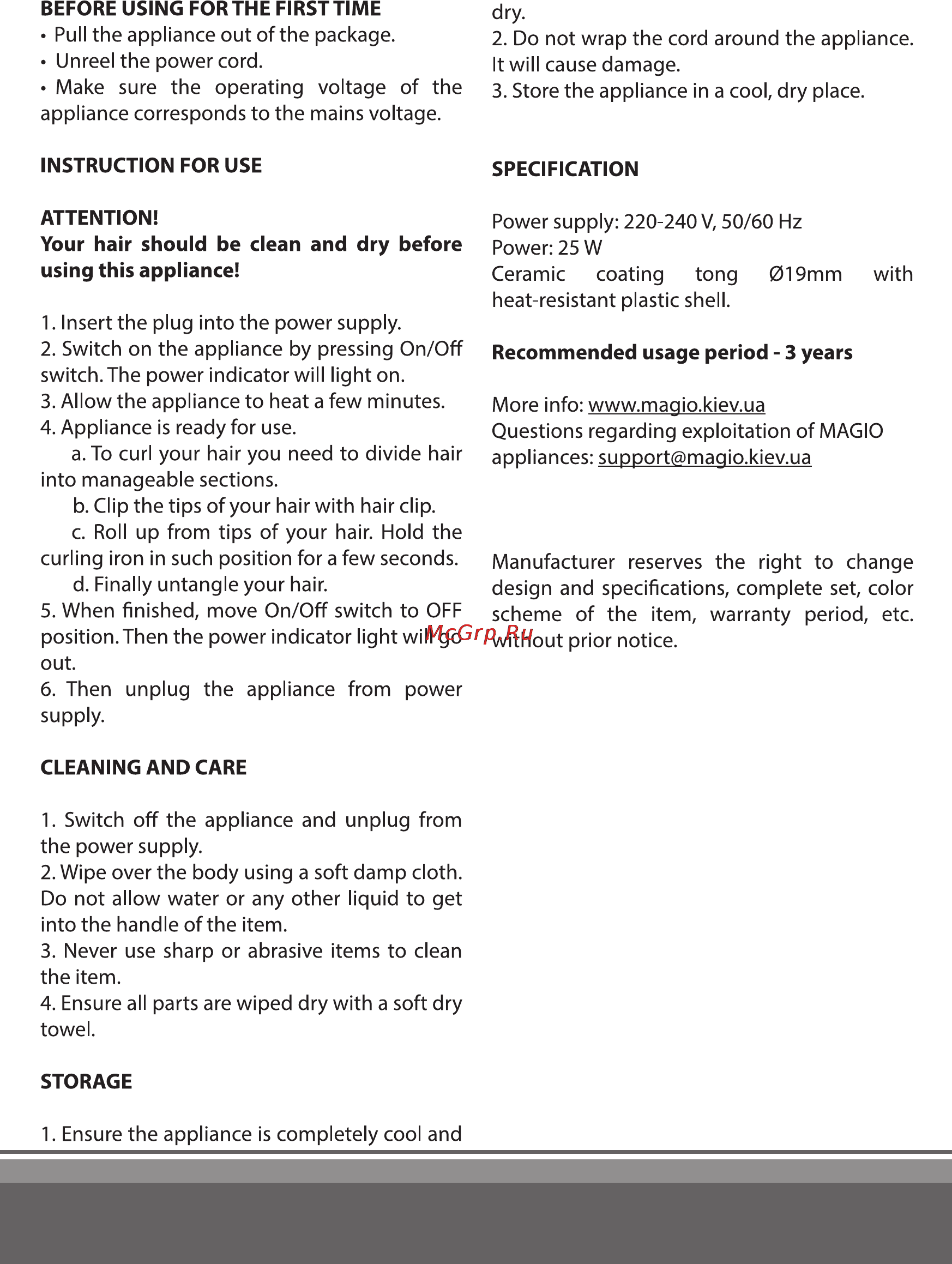 Magio MG-178Red [7/8] Attention your hair should be clean and dry before using this appliance