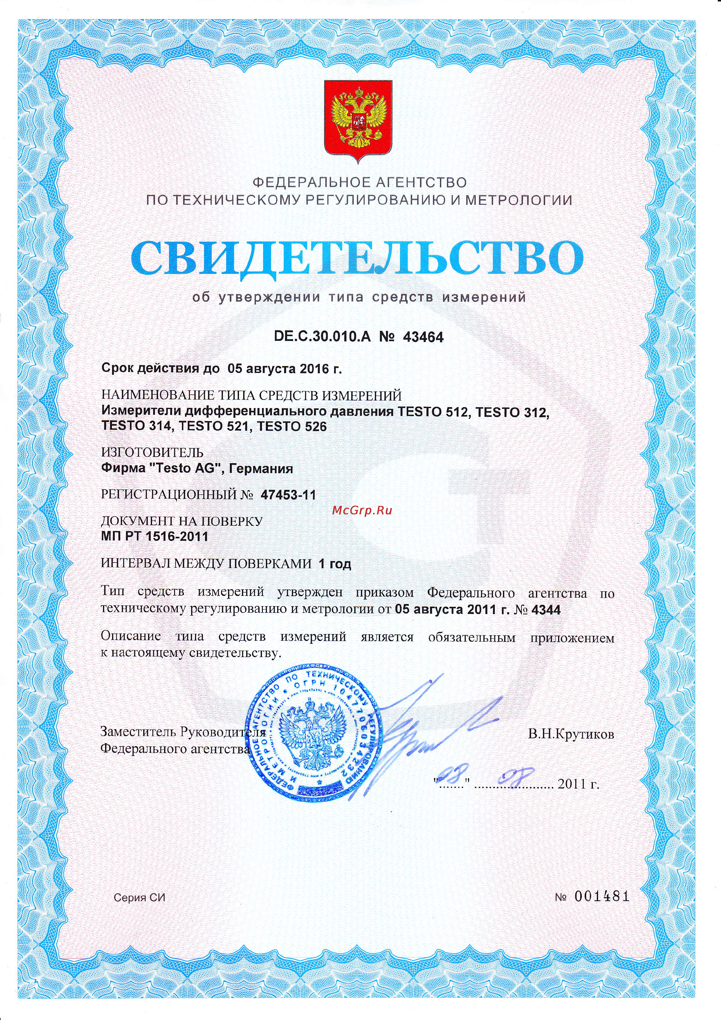 Testo 512 Свидетельство онлайн
