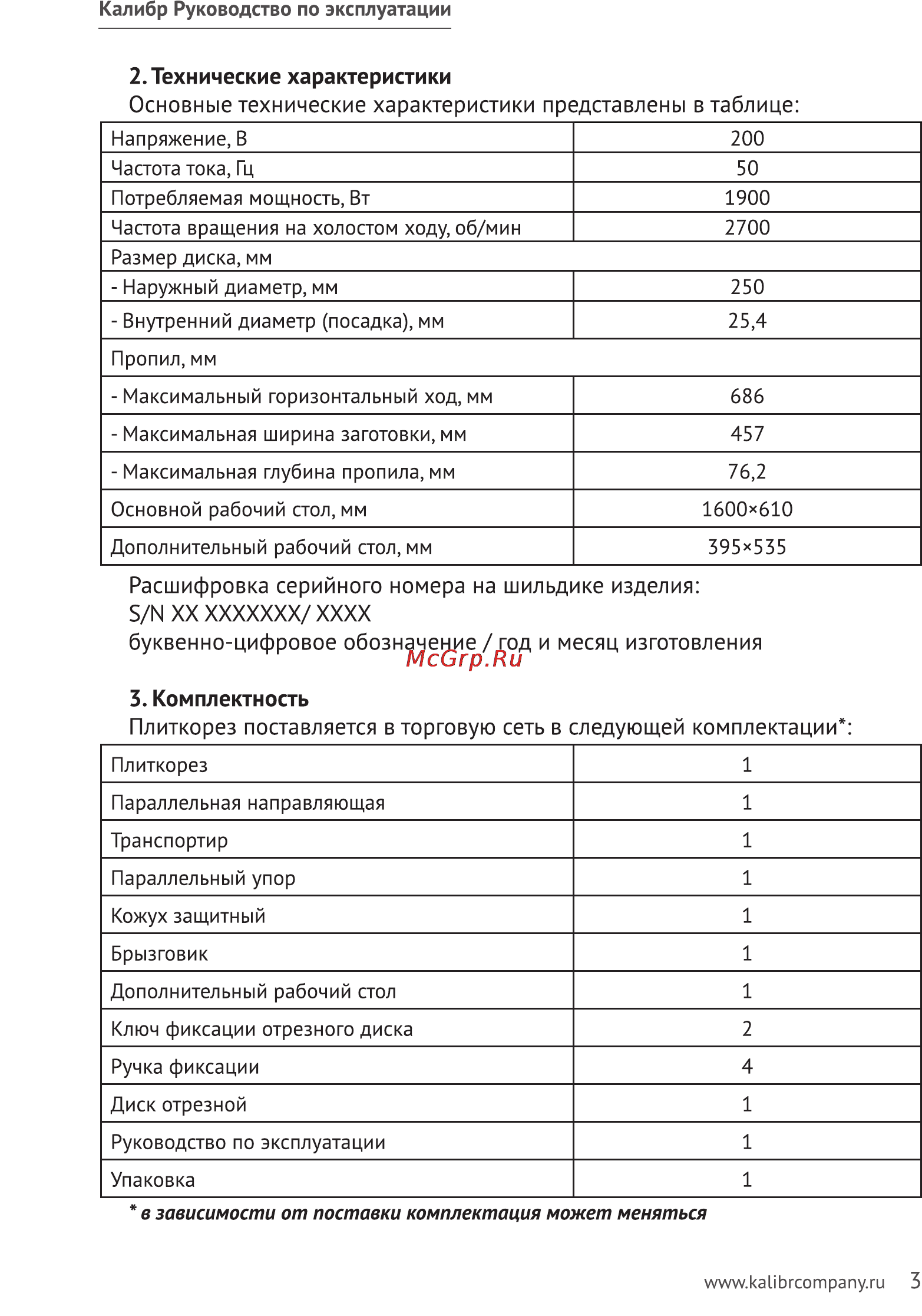 Калибр ПЛЭС-250/1900 [3/15] Технические характеристики основные технические характеристики представлены в таблице
