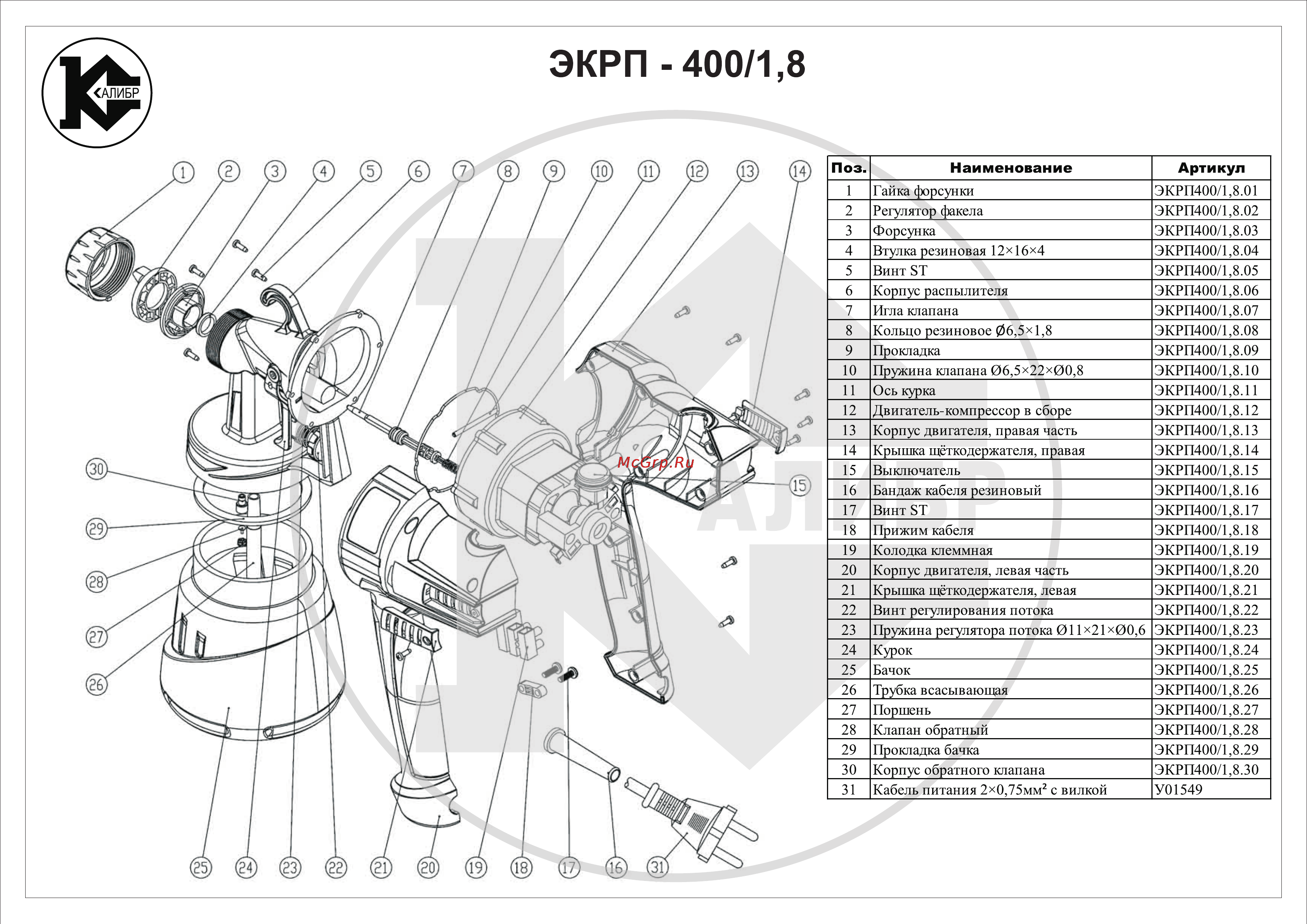 Калибр ЭКРП-400/1,8 Сборочный чертёж онлайн