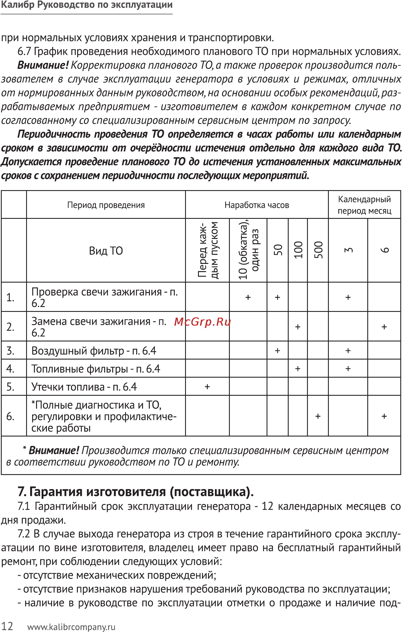 Калибр БЭГ- 900И [12/15] Гарантия изготовителя поставщика