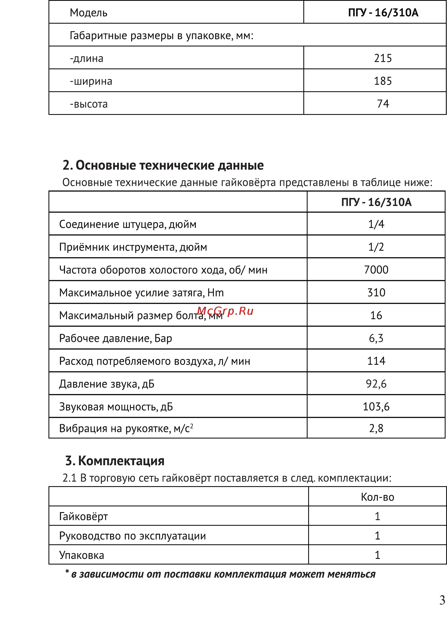 Калибр ПГУ-16/310А [3/11] Комплектация