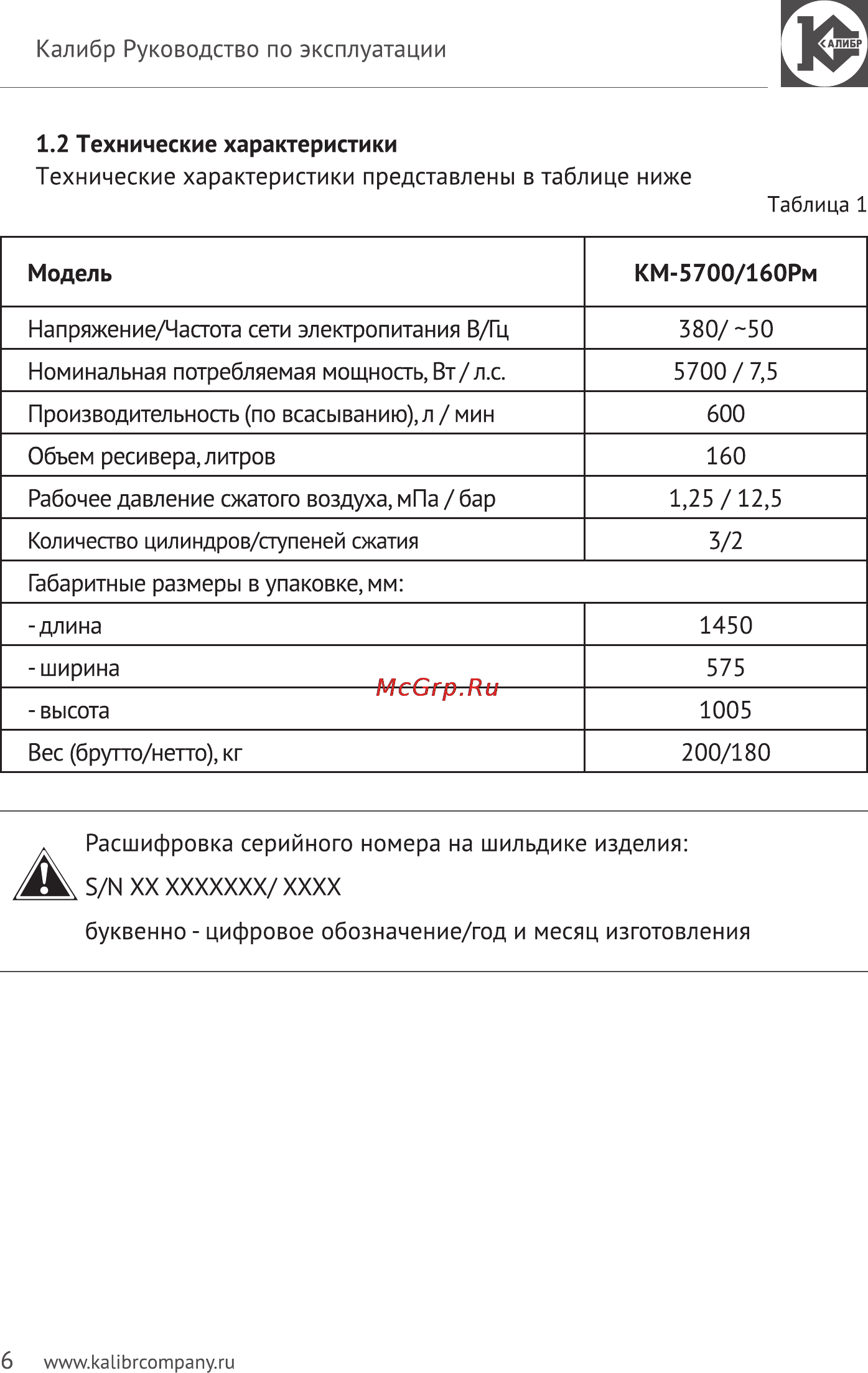 Калибр Мастер КМ-5700/160РМ Руководство по эксплуатации онлайн [6/15] 122539