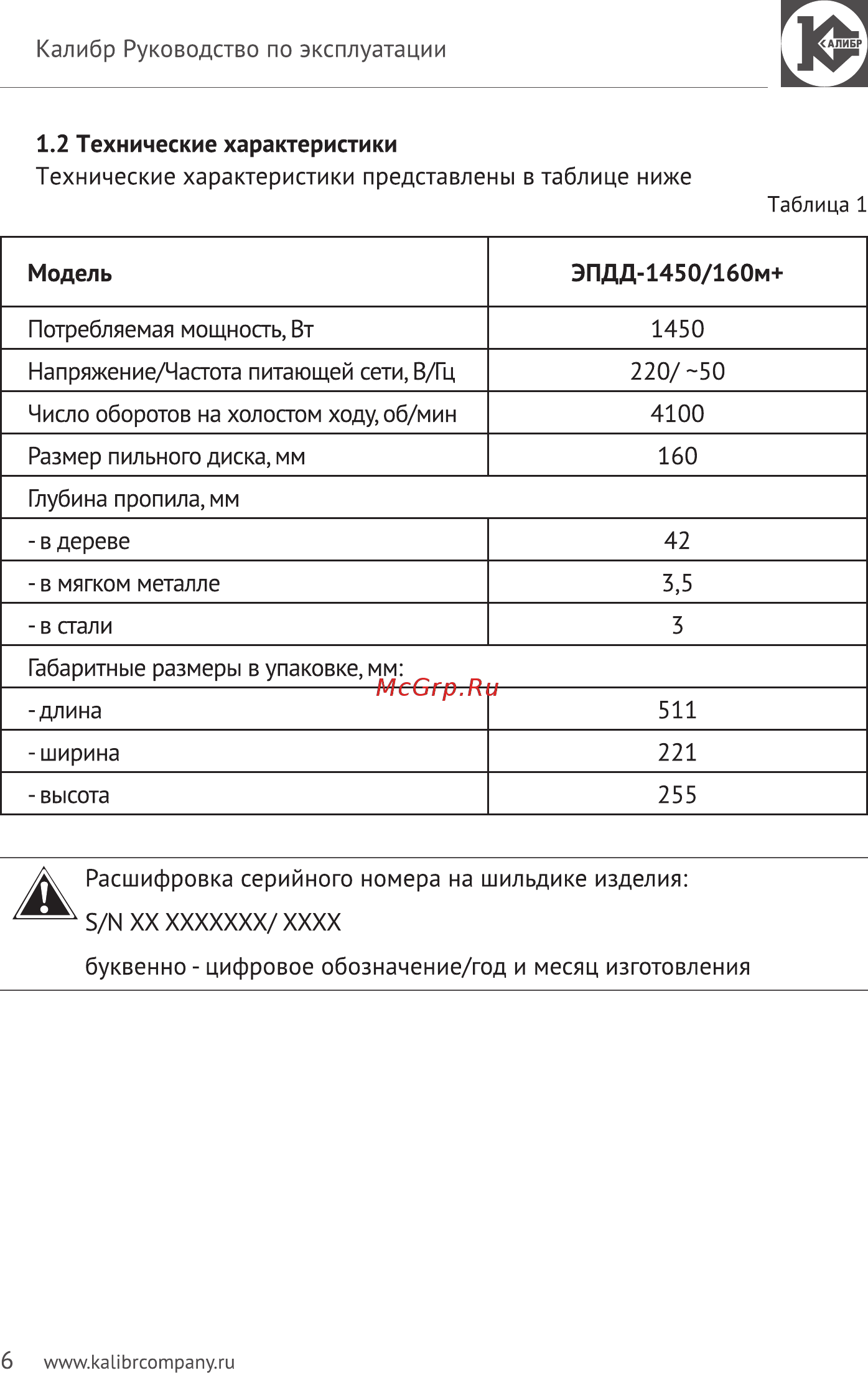 Калибр ЭПДД-1450/160м+ Руководство по эксплуатации онлайн [6/16] 122991