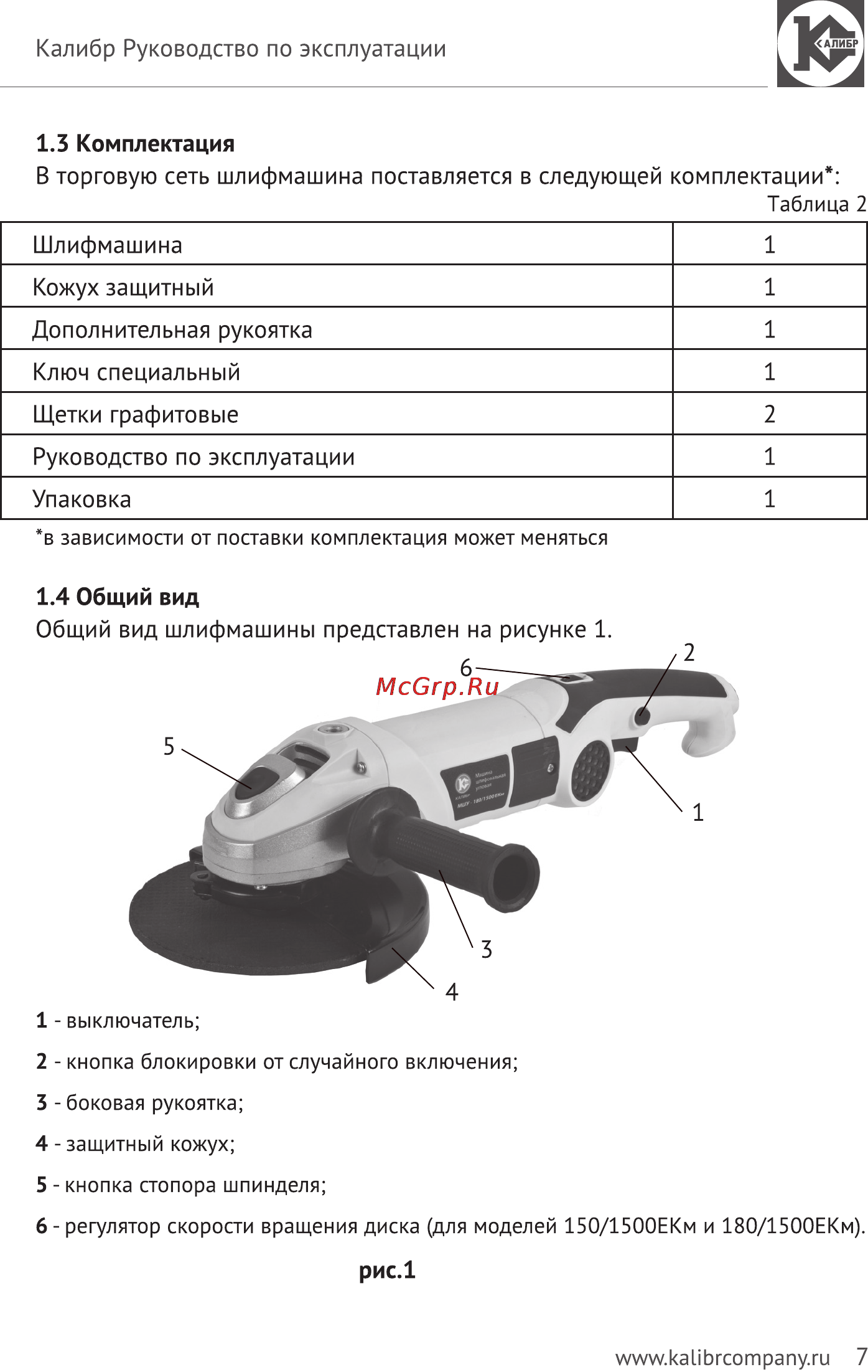 Калибр Мастер МШУ-180/1500ЕКМ Руководство по эксплуатации онлайн [7/14] 123062
