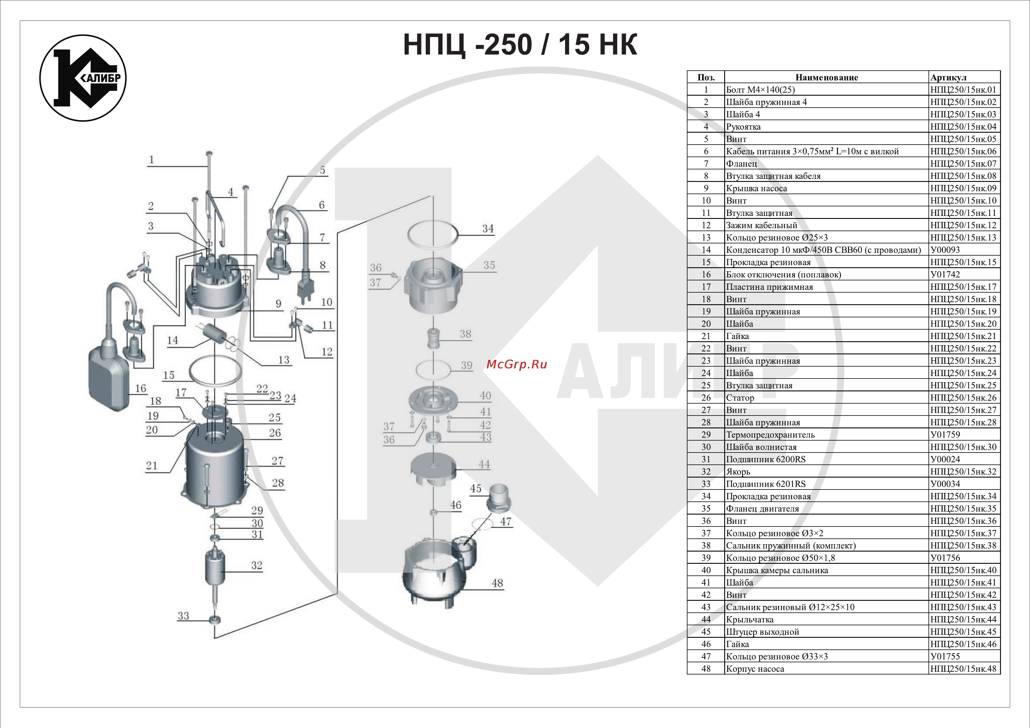 Калибр НПЦ-250/15НК(чугун) Сборочный чертёж онлайн