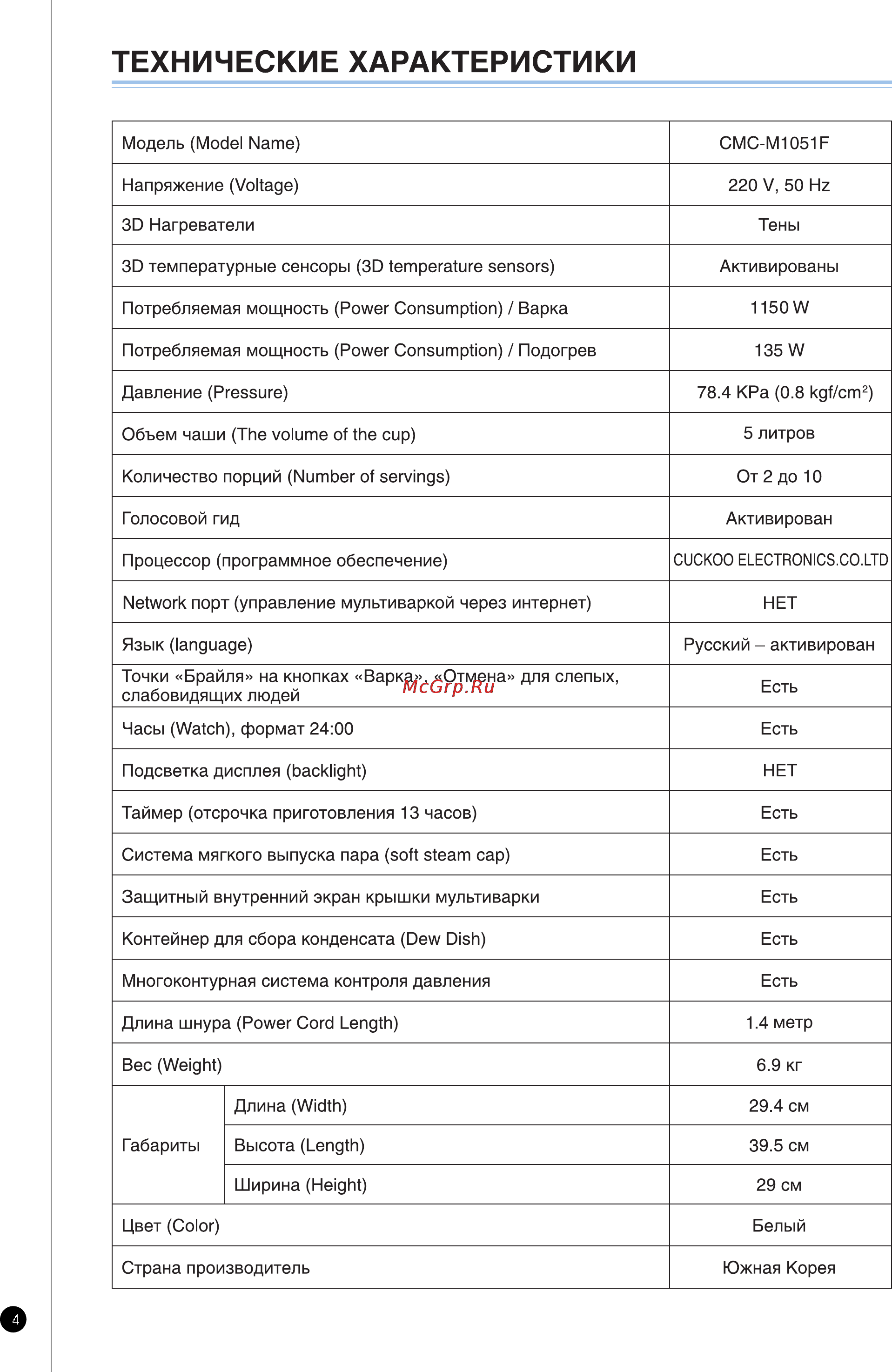 Cuckoo CMC-M1051F BLACK Инструкция по эксплуатации онлайн [4/32] 123860