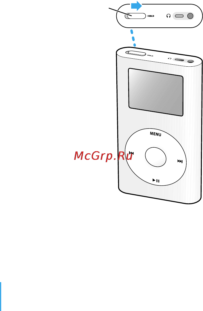 Apple iPod Mini 4Gb Black [20/64] Если вы носите ipod mini в кармане и не хотите допустить случайного нажа тия кнопок то элементы управления ipod mini можно заблокировать установите переключатель hold на блокировку