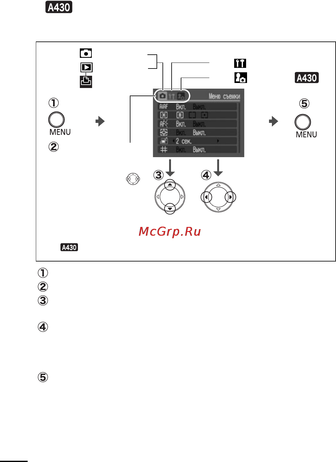 Canon A420 [24/116] Меню съемки меню показа меню печати меню настройки и меню моя камера