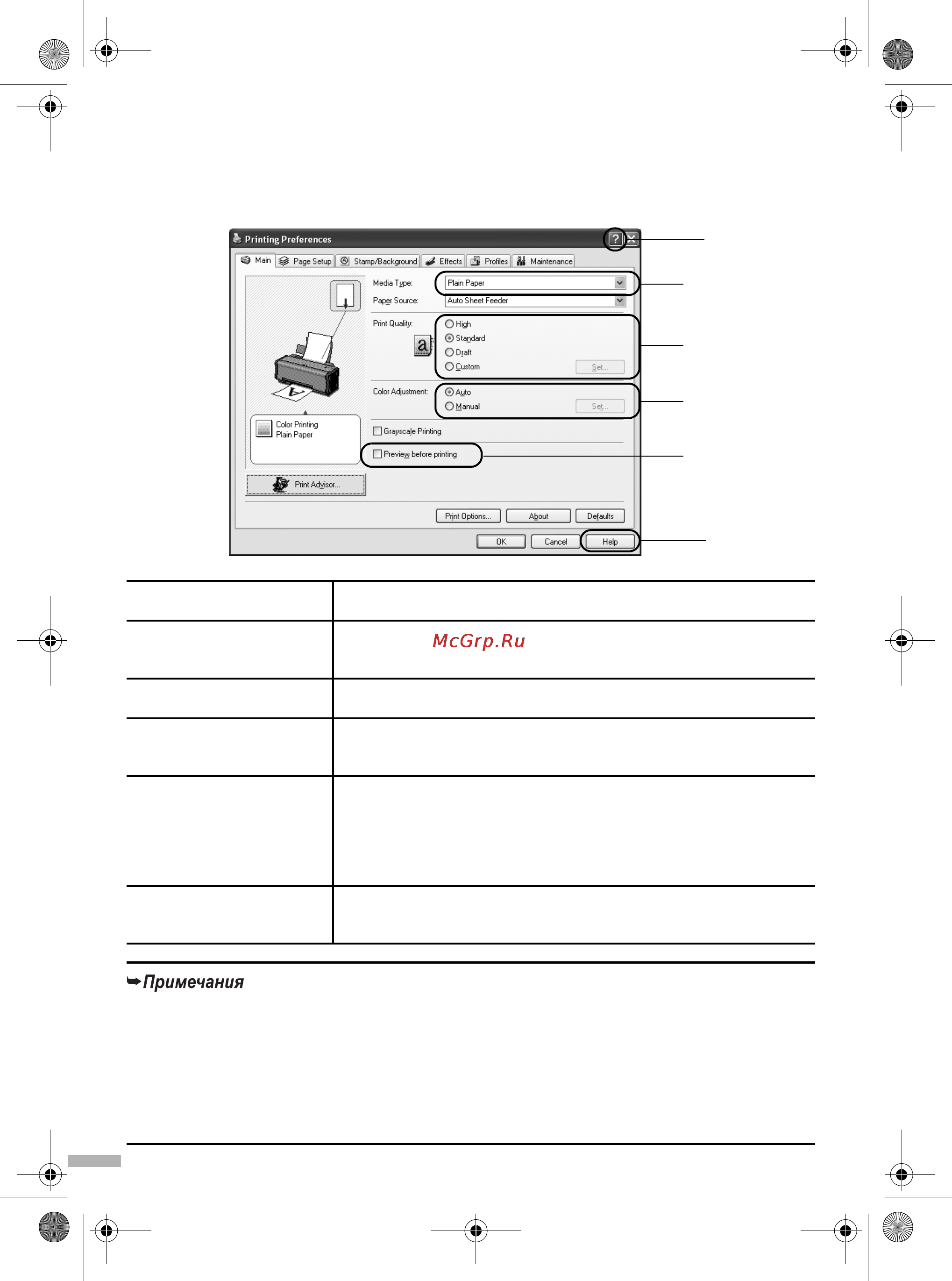 Canon PIXMA iP1000 [14/20] Кнопка print advisor помощник по настройке печати позволяет изменять наиболее подходящие настройки принтера просто отвечая на задаваемые вопросы размер и ориентация бумаги изменяются с помощью приложения перед печатью откройте экран настроек и убедитесь что значение в поле page size размер страницы на вкладке page setup параметры страницы совпадает со значением указанным в приложении дополнительная информация о функциях драйвера принтера приведена в документе руководство пользователя user s guide