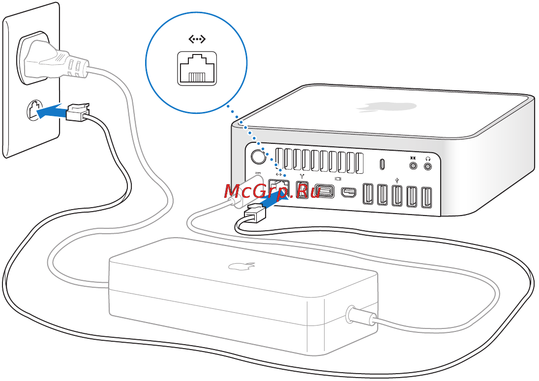Apple Mac mini MC238RS/A [12/76] Шаг 2 чтобы подключиться к интернету или сети соедините один конец кабеля ethernet с mac mini а другой с кабельным модемом dsl модемом или сетью