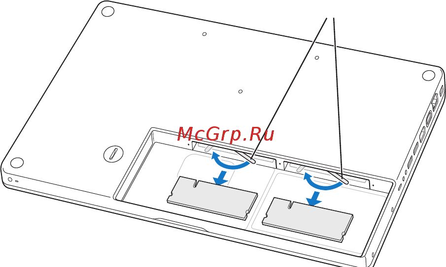 Apple MacBook 13.3'' MC240RS/A [38/74] Чтобы извлечь модуль памяти из слота поверните рычажок плавным движением влево до упора пока не покажется край модуля памяти извлеките модуль памяти таким же образом извлеките второй модуль памяти