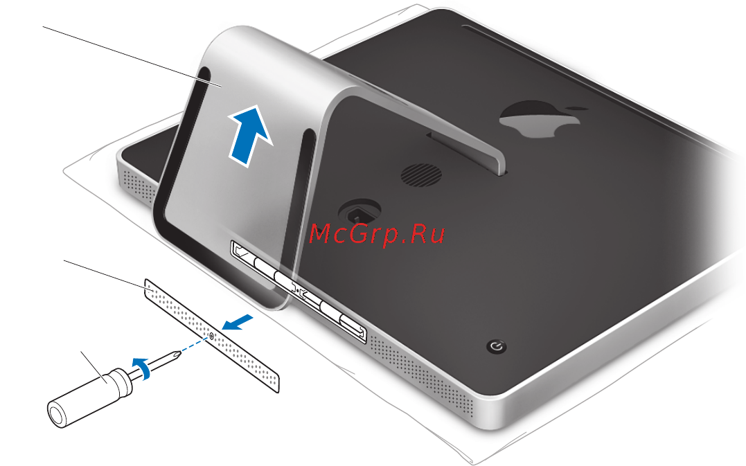Apple iMac 24\'\' MB419RS/A [34/73] Приподнимите подставку и поворачивая против часовой стрелки открутите невыпадающий винт на крышке отсека памяти с помощью крестовой отвертки 2