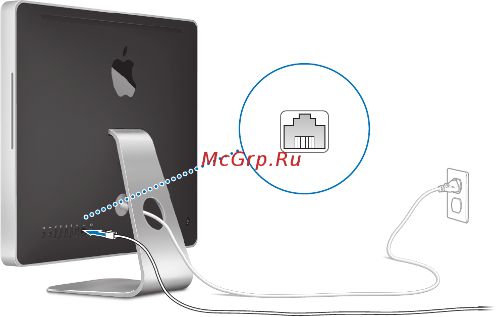 Apple iMac 24'' MB420RS/A [11/73] Шаг 2 для доступа к интернету или сети подсоедините один конец кабеля ethernet к порту ethernet на компьютере imac другой конец подсоединитек кабельному модему dsl модему или сети