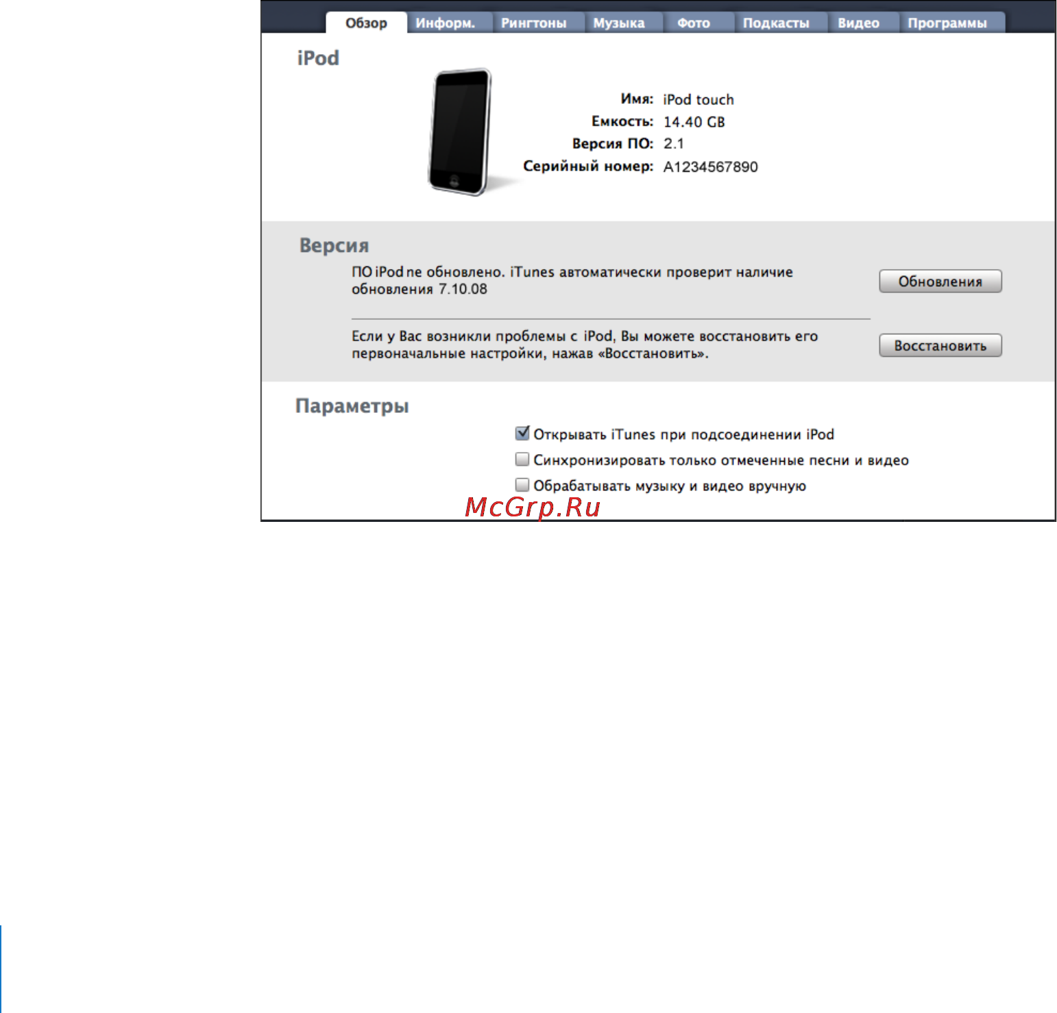 Apple MB533ZI/A 32Gb [8/131] Панели настройки ipod touch в itunes