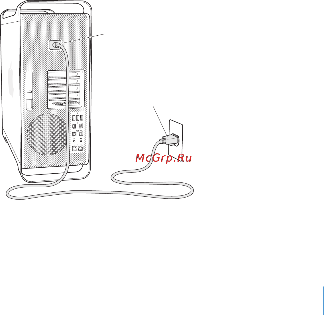 Apple Pro MA356 [9/100] Шаг 2 подсоединение кабеля питания вставьте кабель питания до упора в утопленную сетевую розетку на тыльной стороне mac pro подсоедините другой конец к заземленной розетке или...
