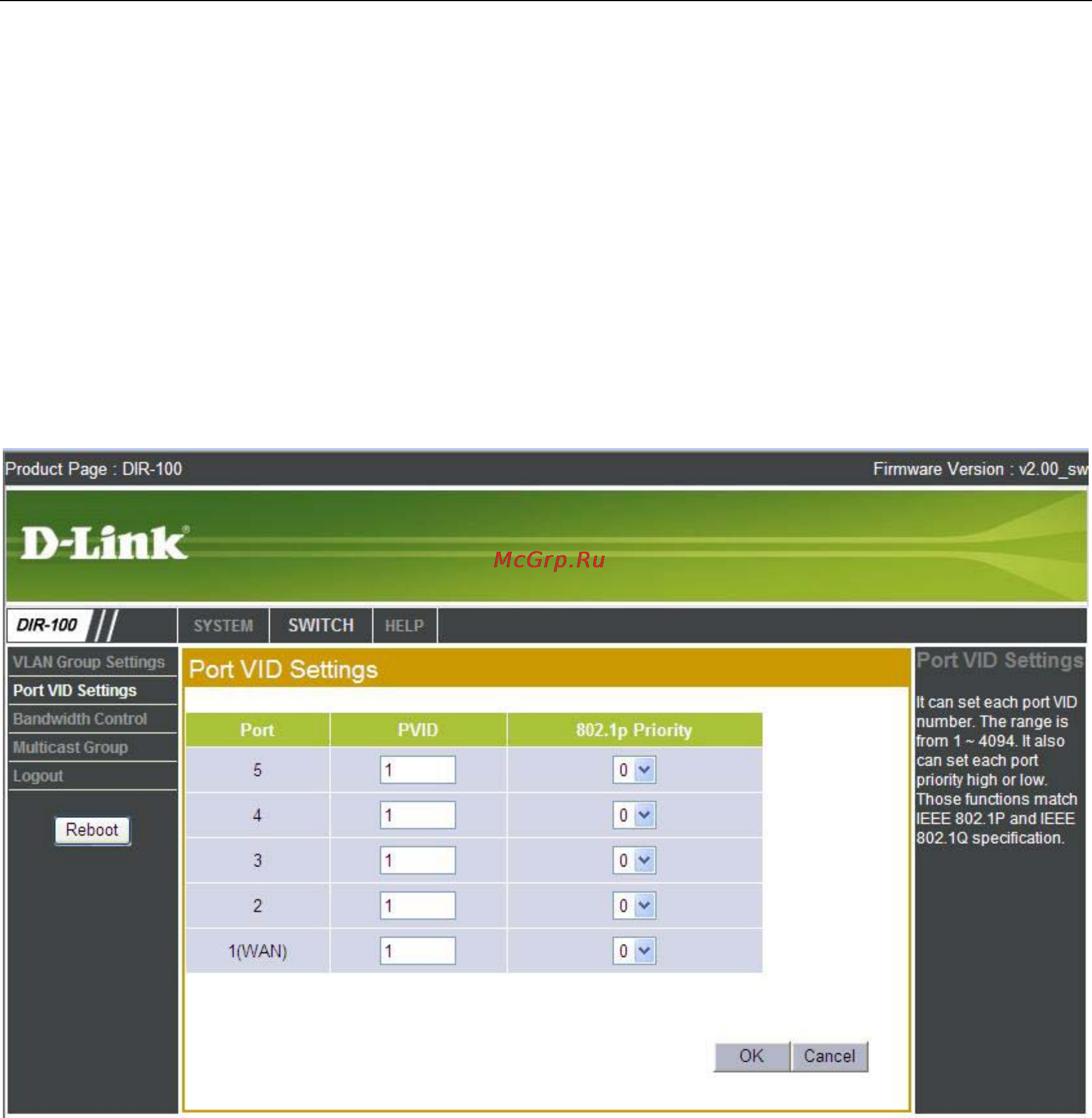 D-Link DIR-100RU [22/27] Port vlan id settings настройки vlan id порта