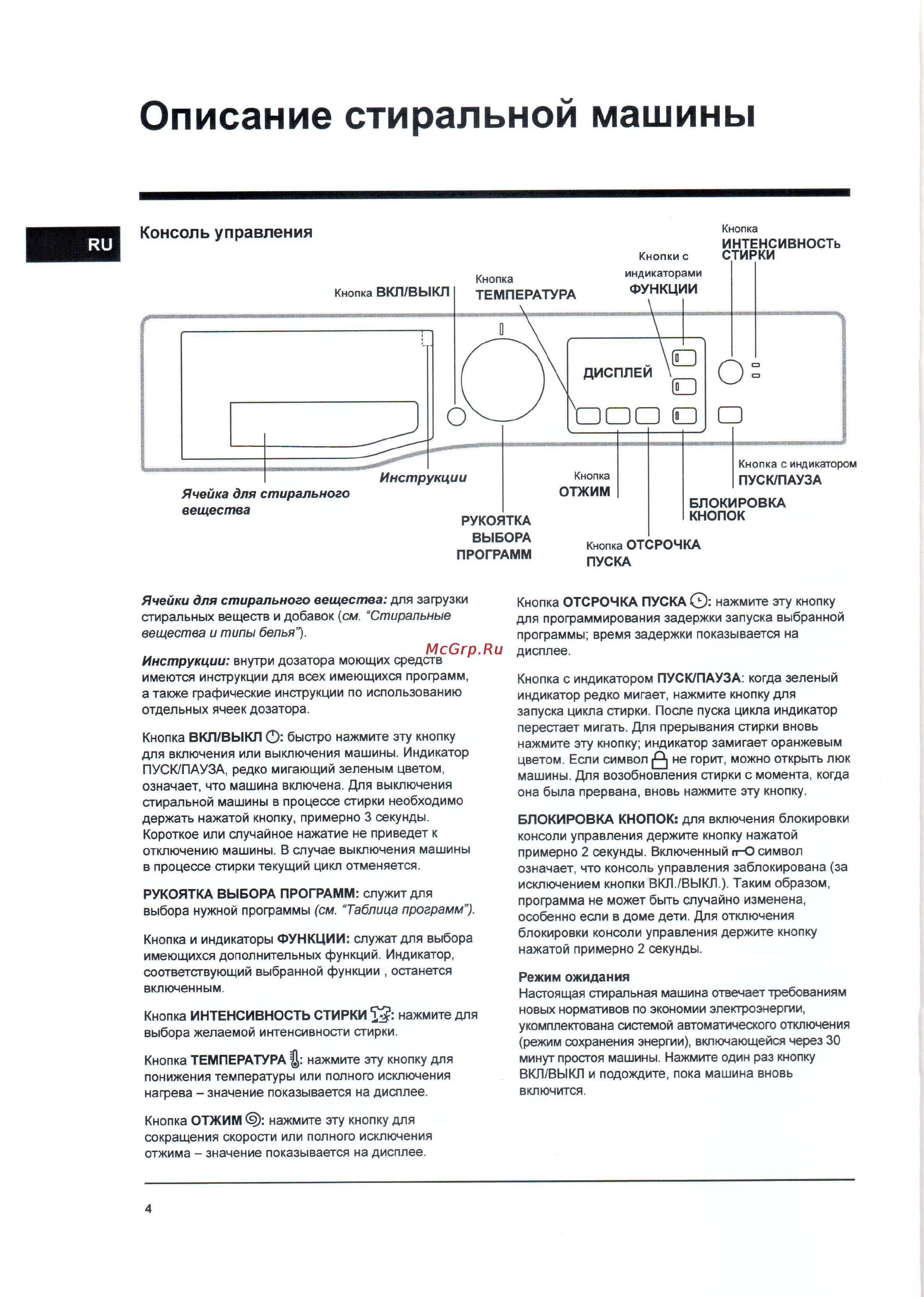 Hotpoint-Ariston RST 602 K [4/24] Описание стиральной машины