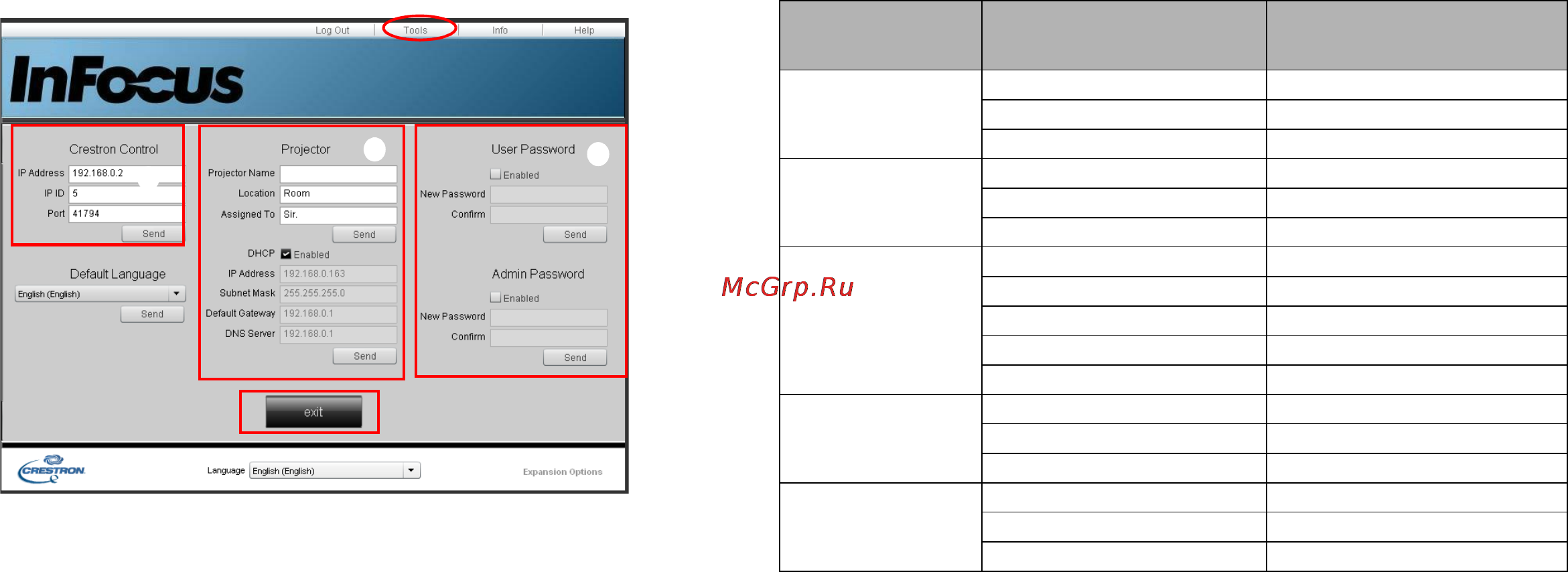 InFocus IN3126 [34/45] На странице tools свойства можно управлять проектором настраивать параметры управления локальной сетью и получать удаленный доступ к управлению проектором по сети
