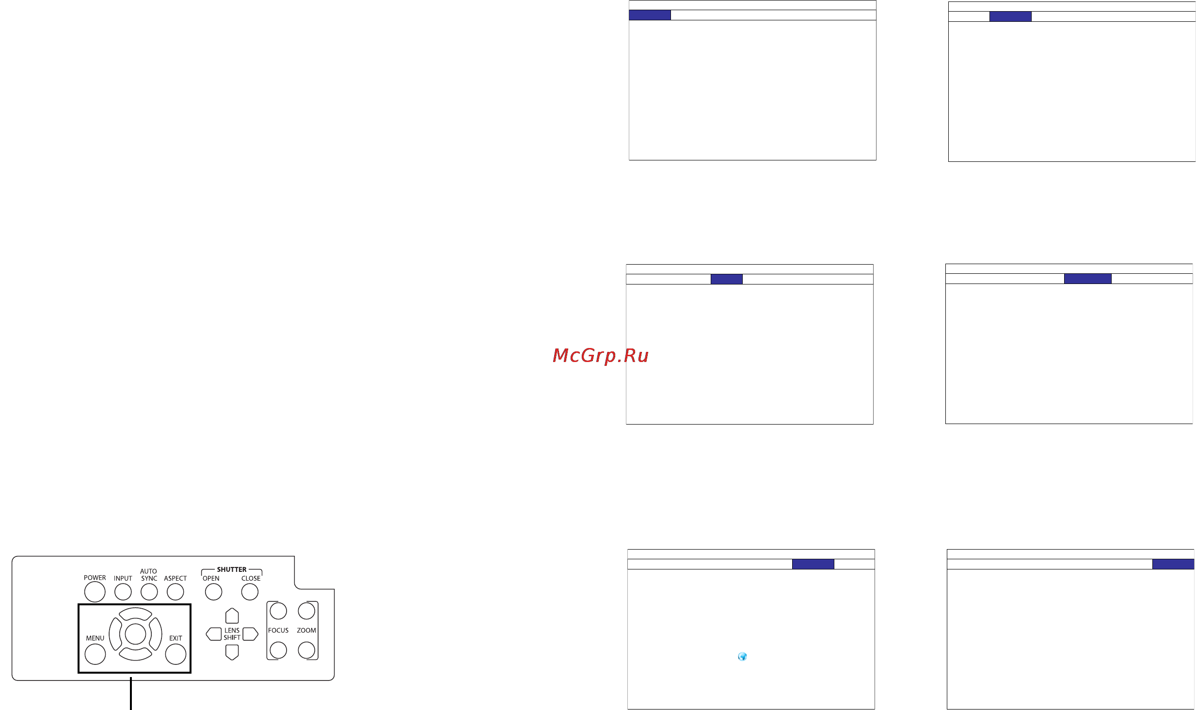 InFocus IN5555L [24/58] Чтобы открыть меню нажмите кнопку menu на кнопочной панели или пульте ду для перемещения по заголовкам меню используются кнопки со стрелками влево и вправо а с помощью кнопок со стрелками вверх и вниз можно выбрать нужный пункт меню после того как пункт меню выделен для изменения его значения выбора параметра включения или выключения функции или входа в подменю используются кнопки со стрелками влево и вправо чтобы сразу выйти из системы меню нажмите кнопку exit а чтобы вернуться в строку основного меню и закрыть подменю нажмите кнопку menu пункты меню сгруппированы по категориям в меню вход представлены пункты относящиеся к выбору и регулировке источника сигнала в меню изображение представлены стандартные параметры регулировки изображения в меню лампы представлены пункты относящиеся к выбору и регулировке мощности ламп в меню выравнивание содержатся регулировки связанные с установкой в меню управление представлены параметры работы проектора которые редко изменяются в меню сервис предст
