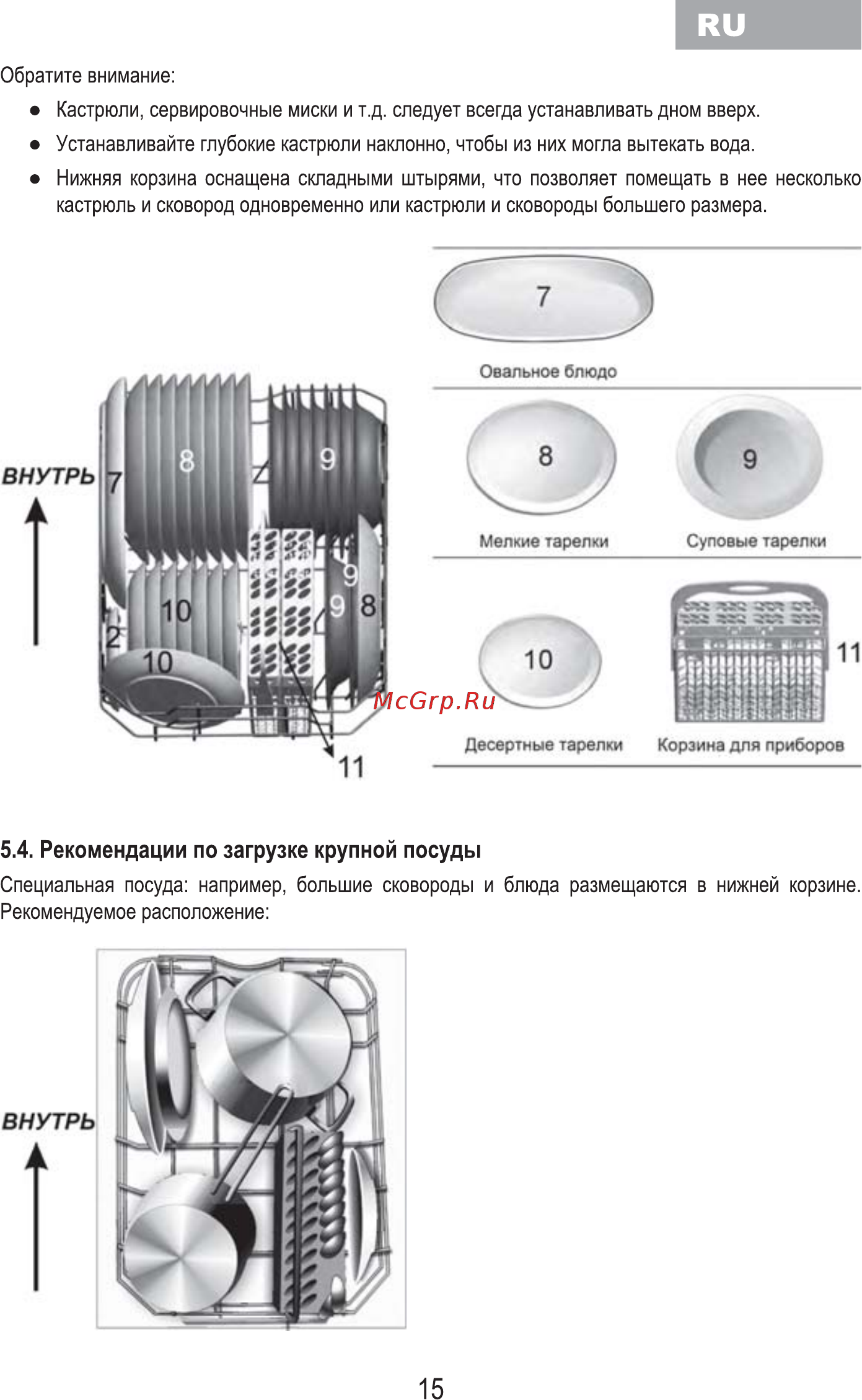 MBS DW-601 [17/80] Рекомендации по загрузке крупной посуды